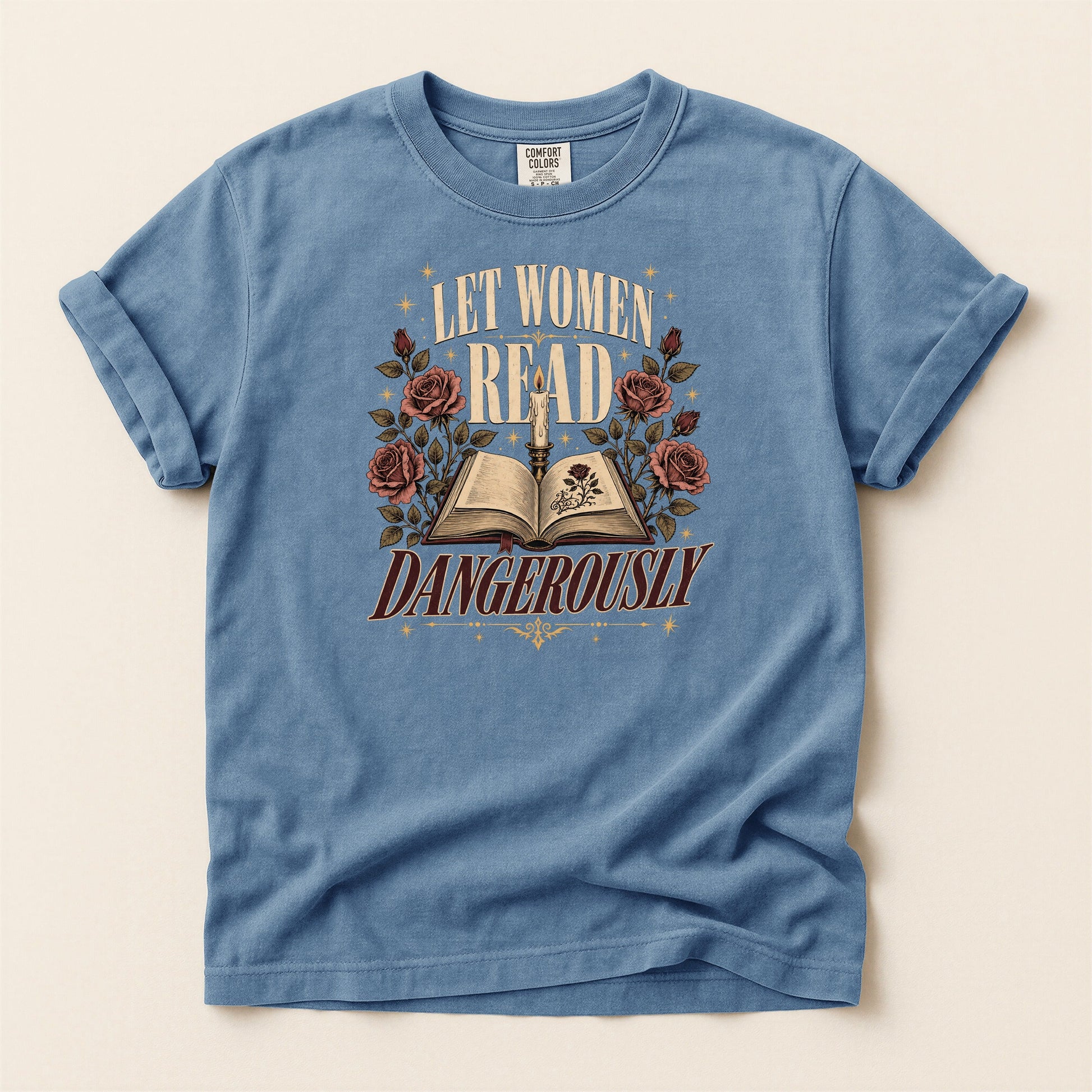 Let Women Read Dangerously bookish tee in Blue Jean, full flat