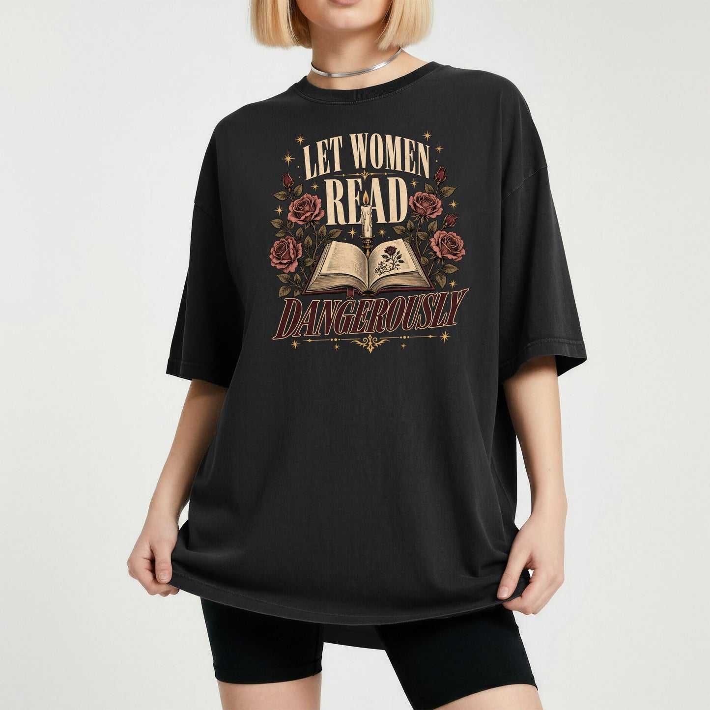 Let Women Read Dangerously bookish tee in Black, worn