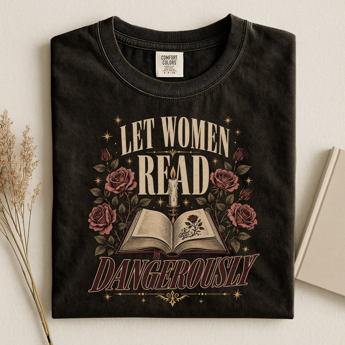 Let Women Read Dangerously bookish tee in Black, flat lay