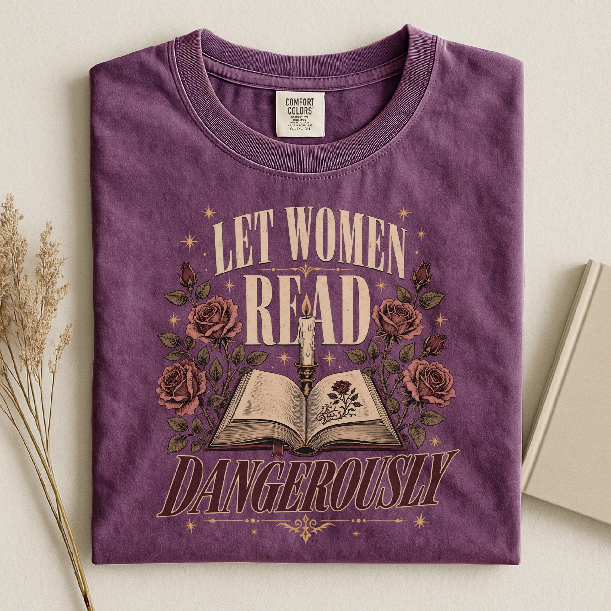 Let Women Read Dangerously bookish tee in Berry, flat lay