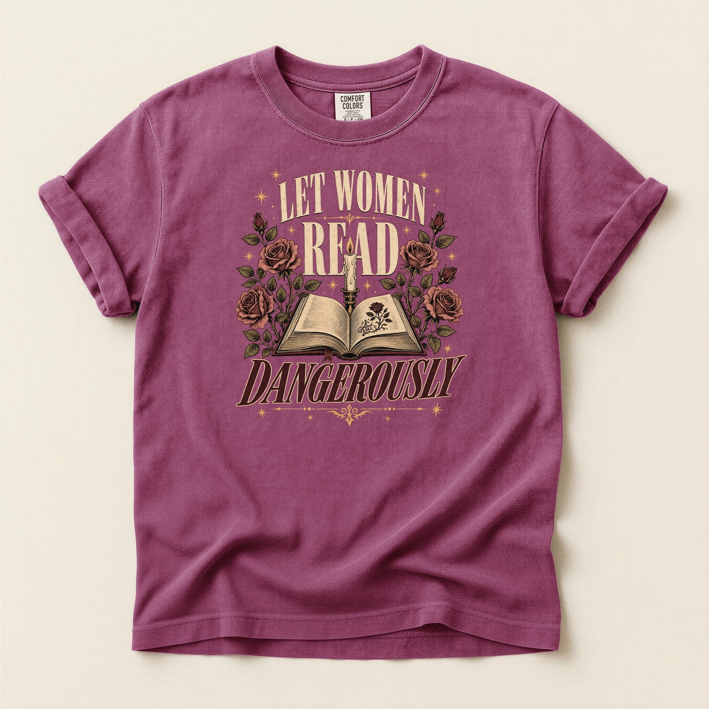Let Women Read Dangerously bookish tee in Berry, full flat