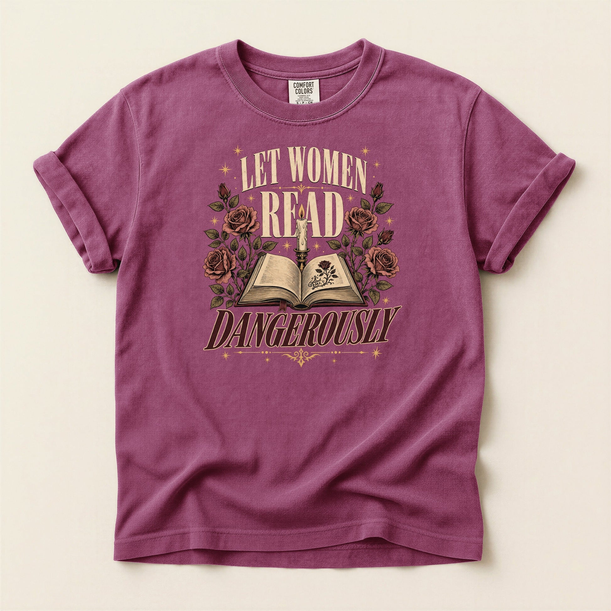 Let Women Read Dangerously bookish tee in Berry, full flat