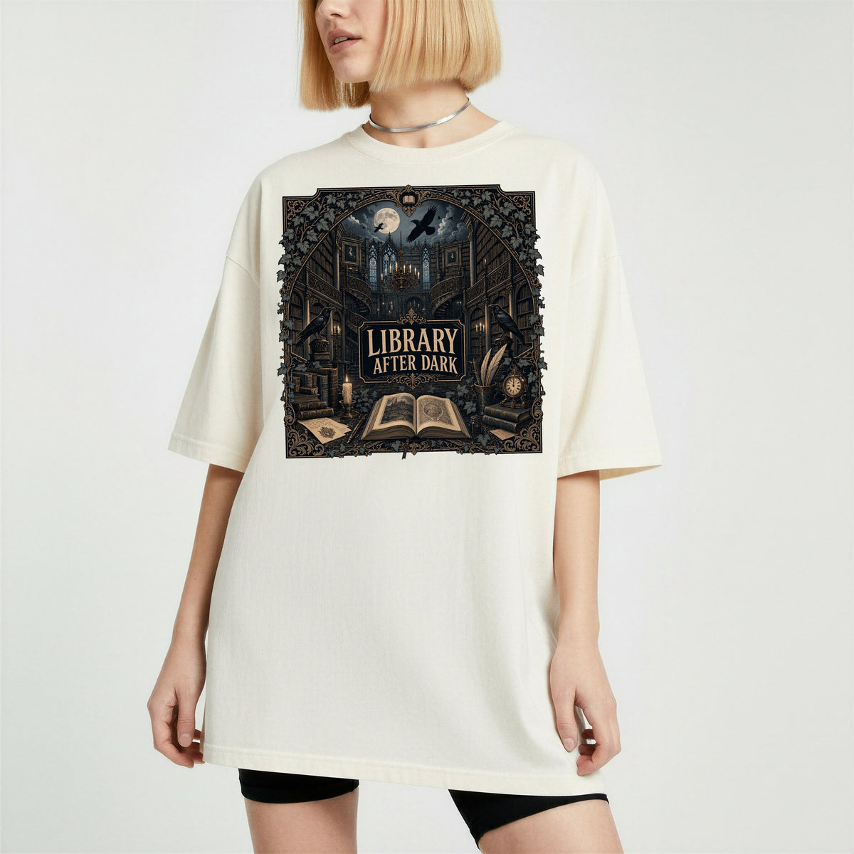 Library After Dark bookish tee in Ivory, worn