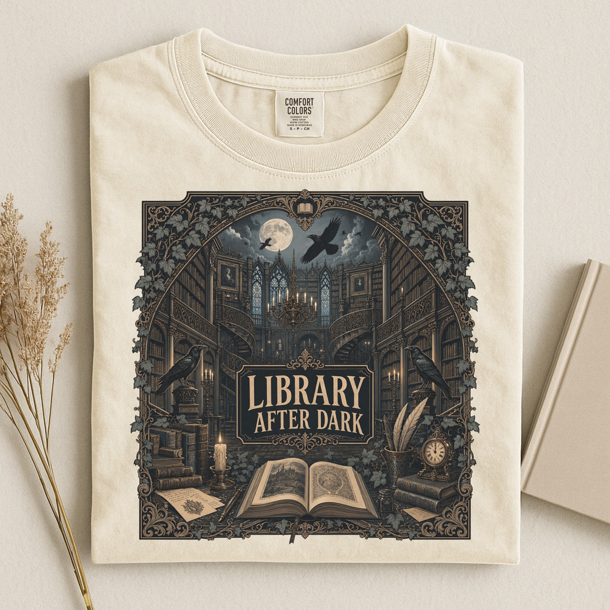 Library After Dark bookish tee in Ivory, flat lay
