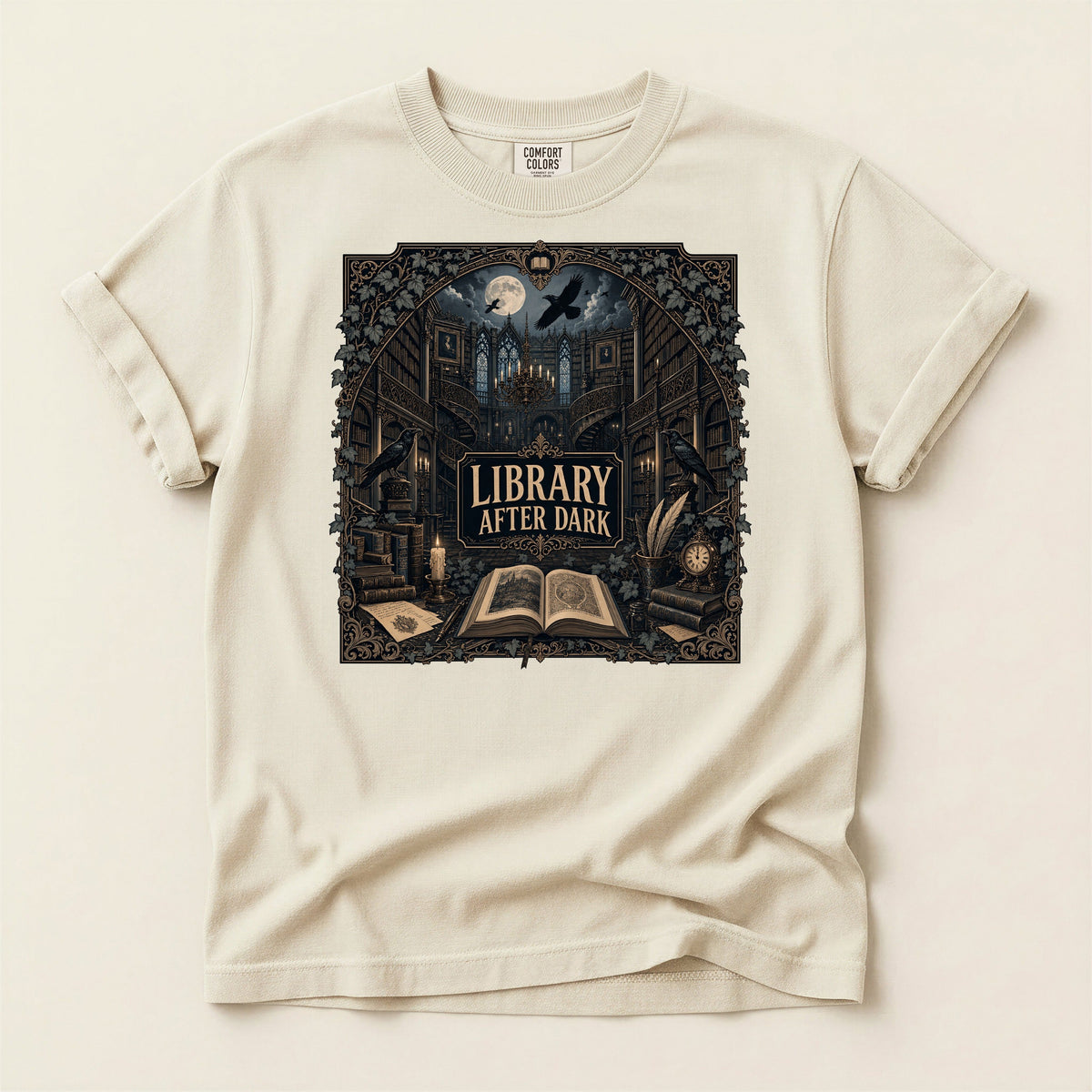 Library After Dark bookish tee in Ivory, full flat