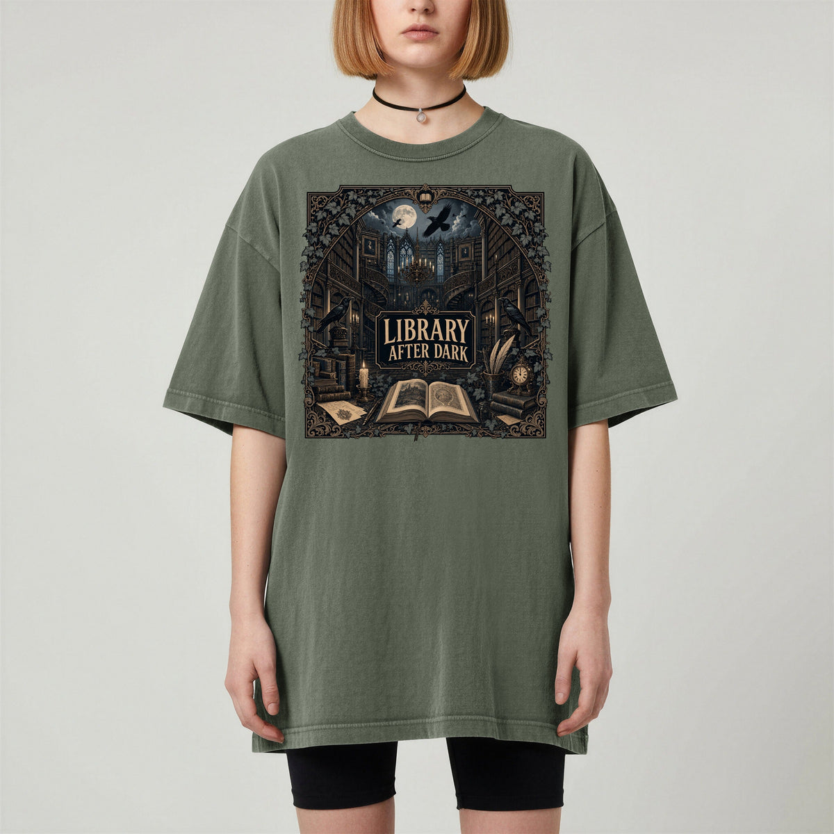 Library After Dark bookish tee in Moss, worn