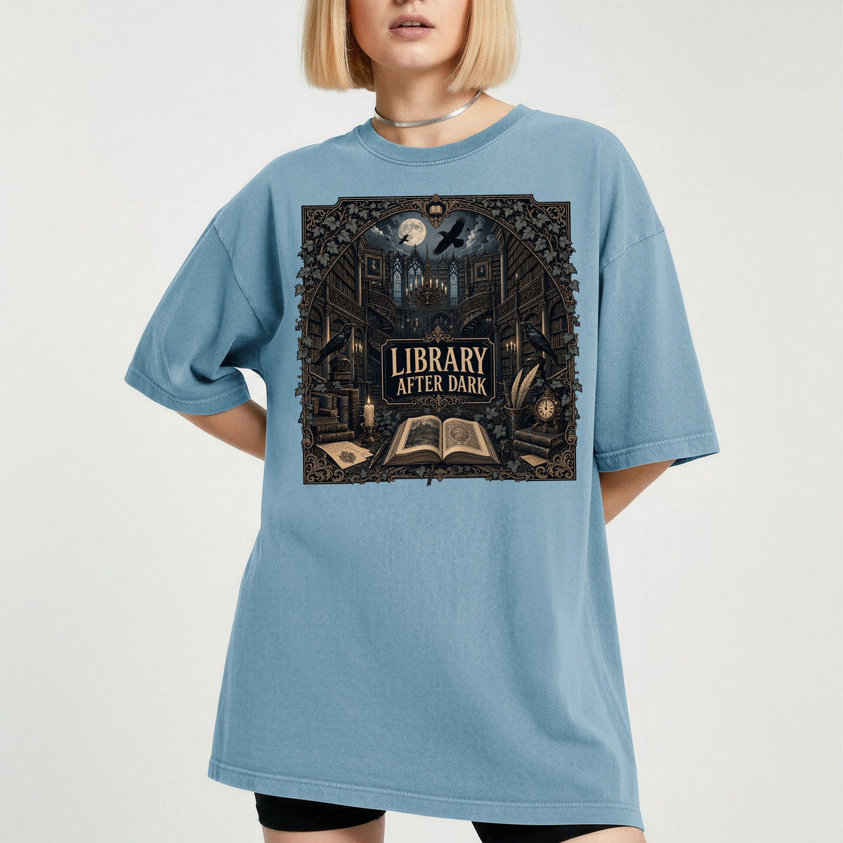 Library After Dark bookish tee in Ice Blue, worn