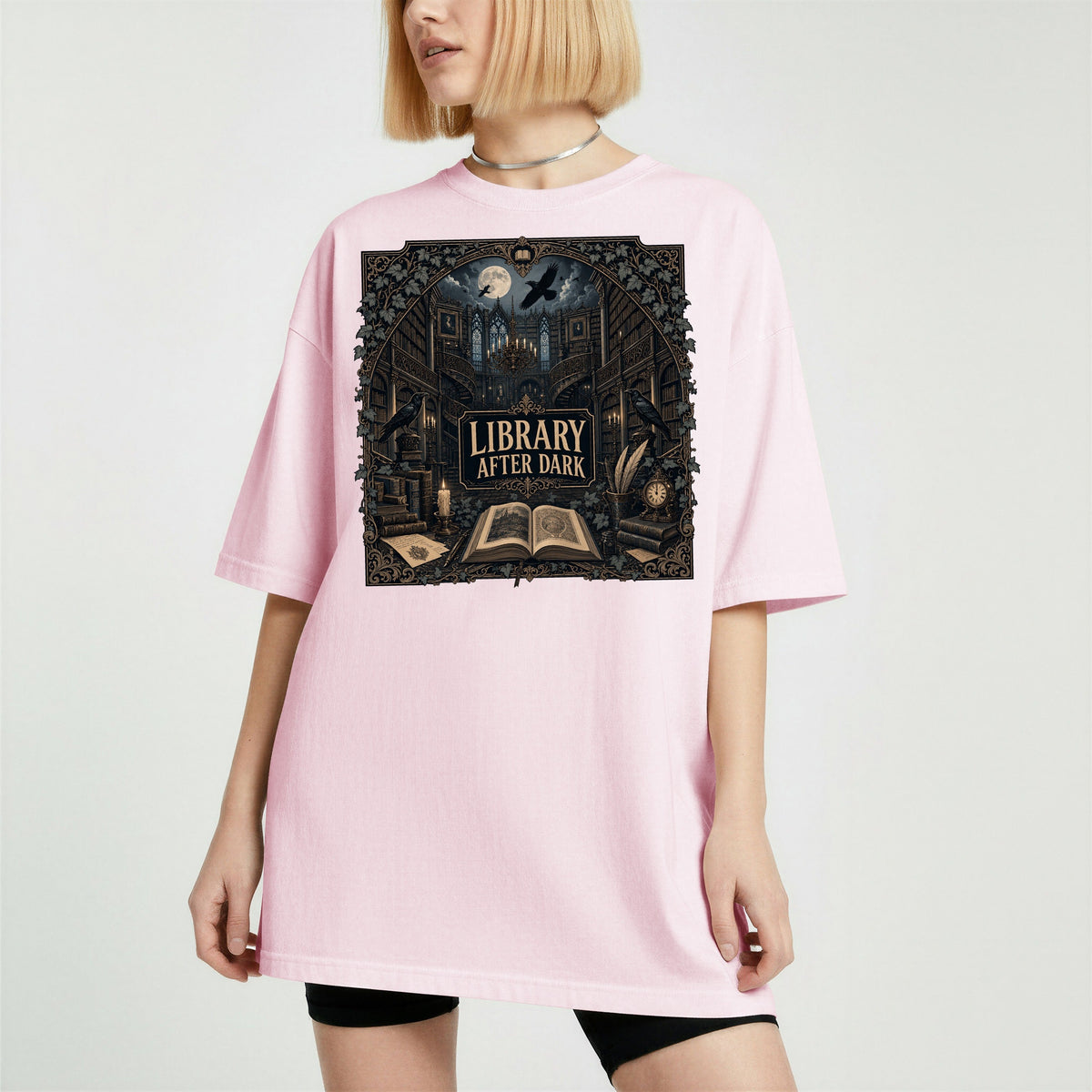 Library After Dark bookish tee in Blossom, worn