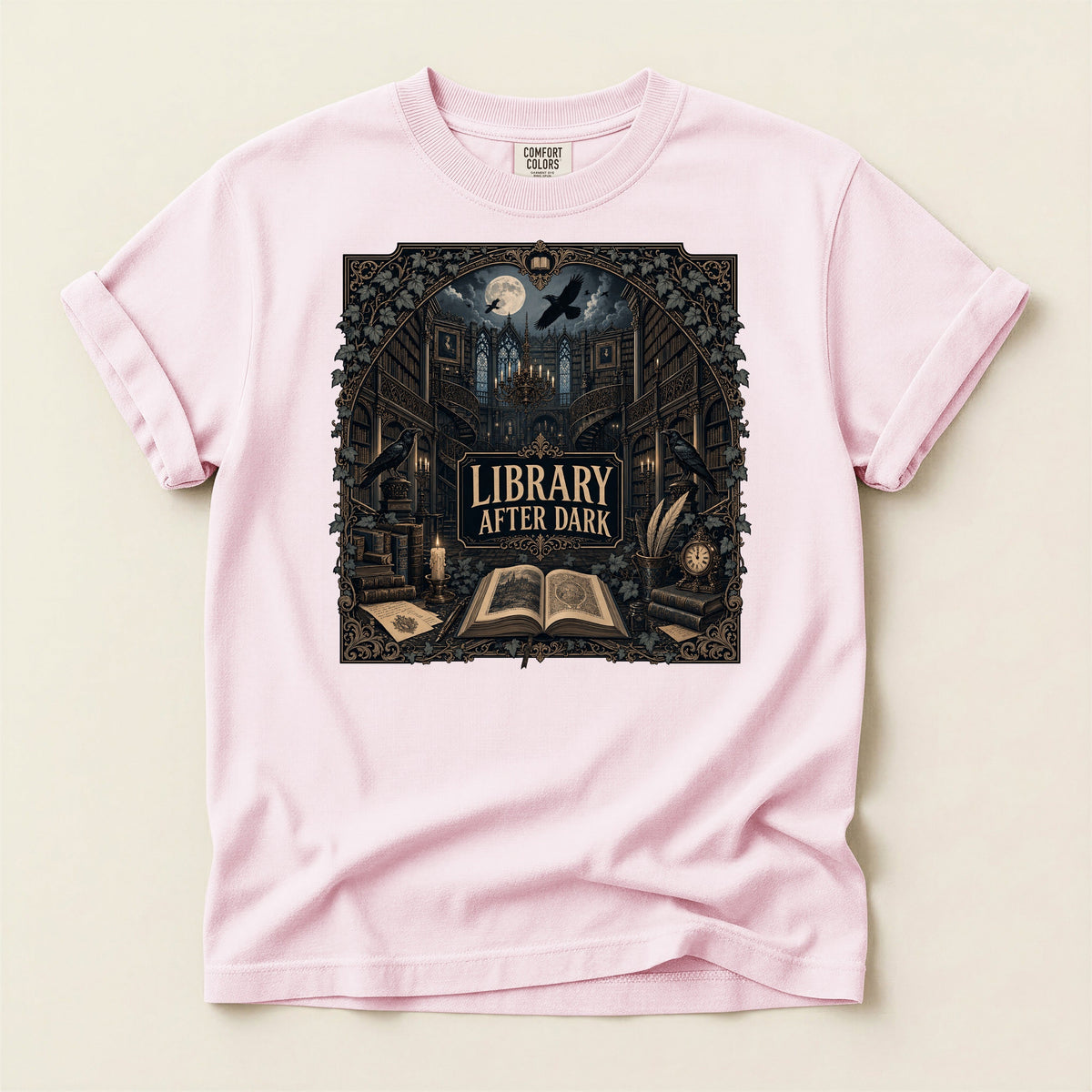Library After Dark bookish tee in Blossom, full flat