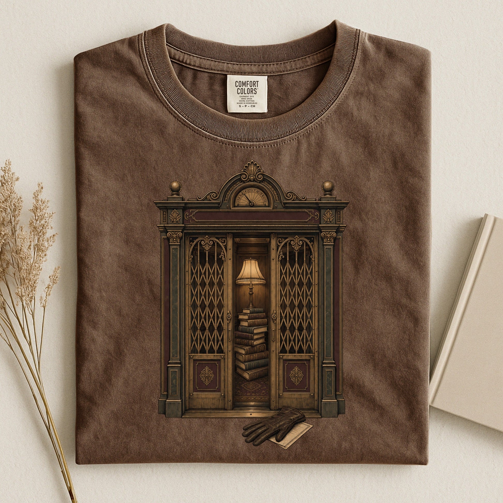 Library Alcove bookish tee in Espresso, flat lay