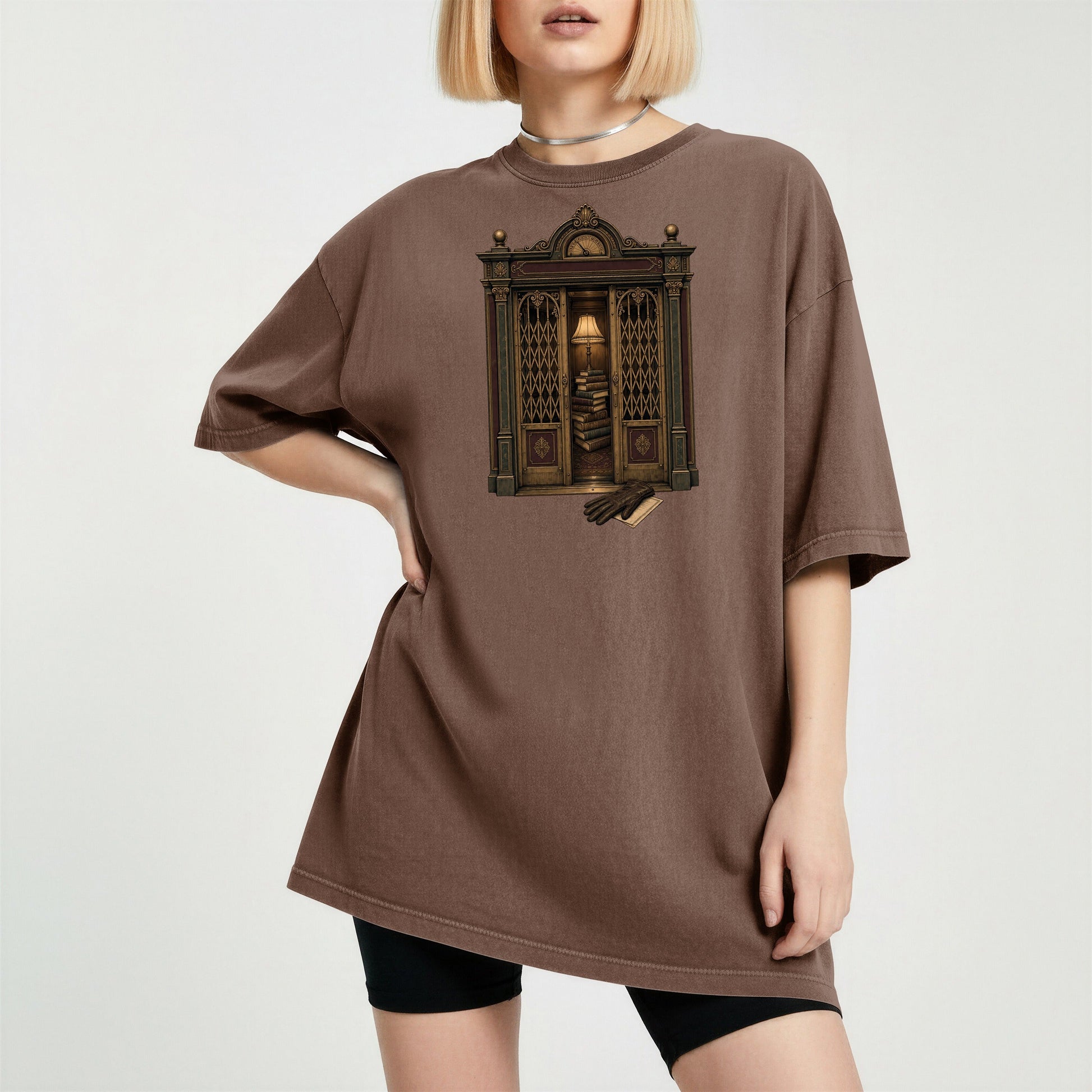 Library Alcove bookish tee in Espresso, worn
