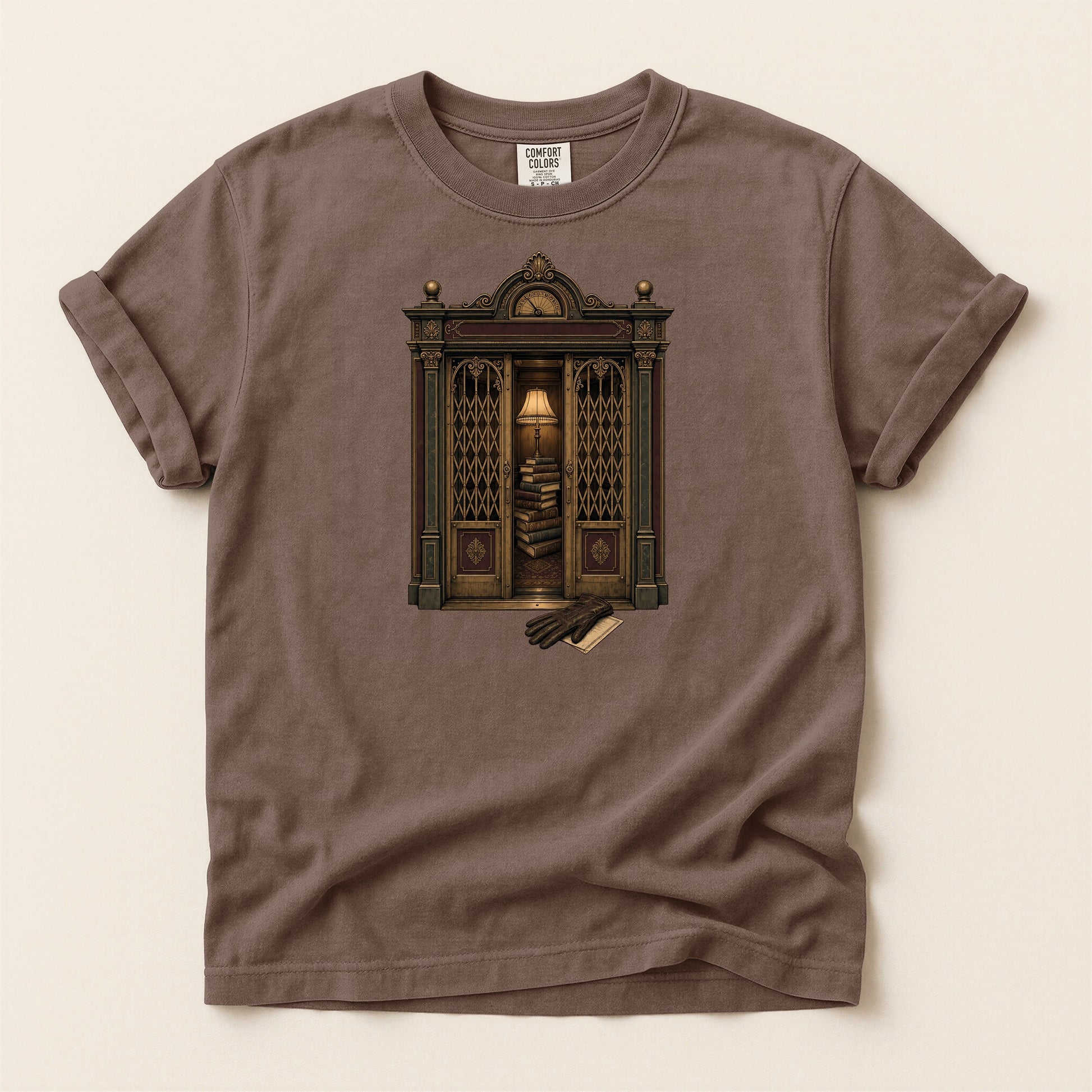 Library Alcove bookish tee in Espresso, full flat