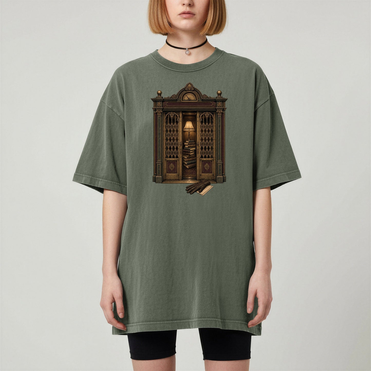 Library Alcove bookish tee in Moss, worn