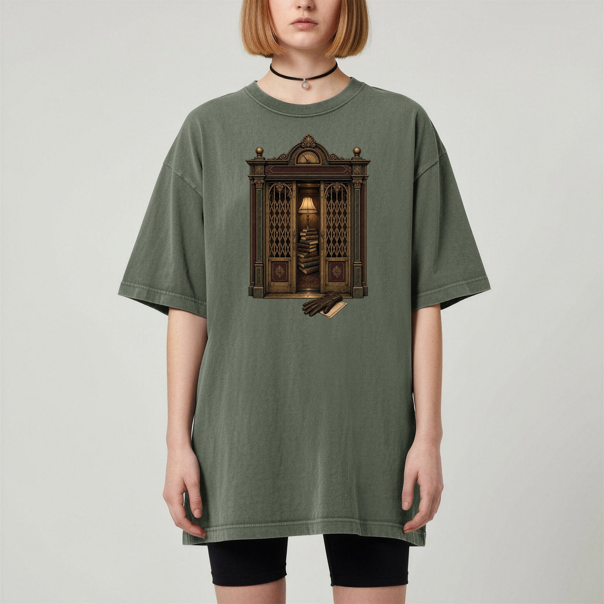 Library Alcove bookish tee in Moss, worn