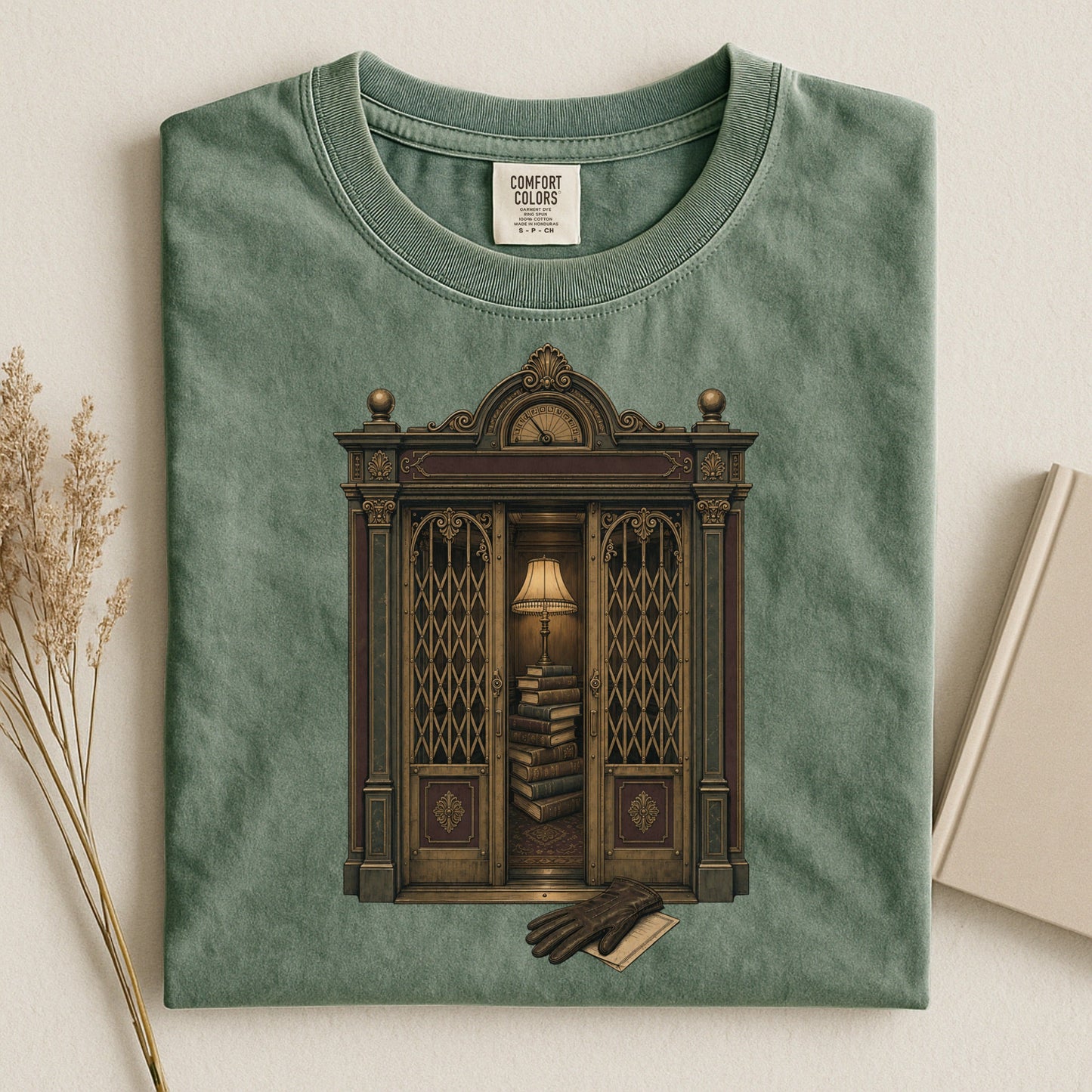 Library Alcove bookish tee in Moss, flat lay