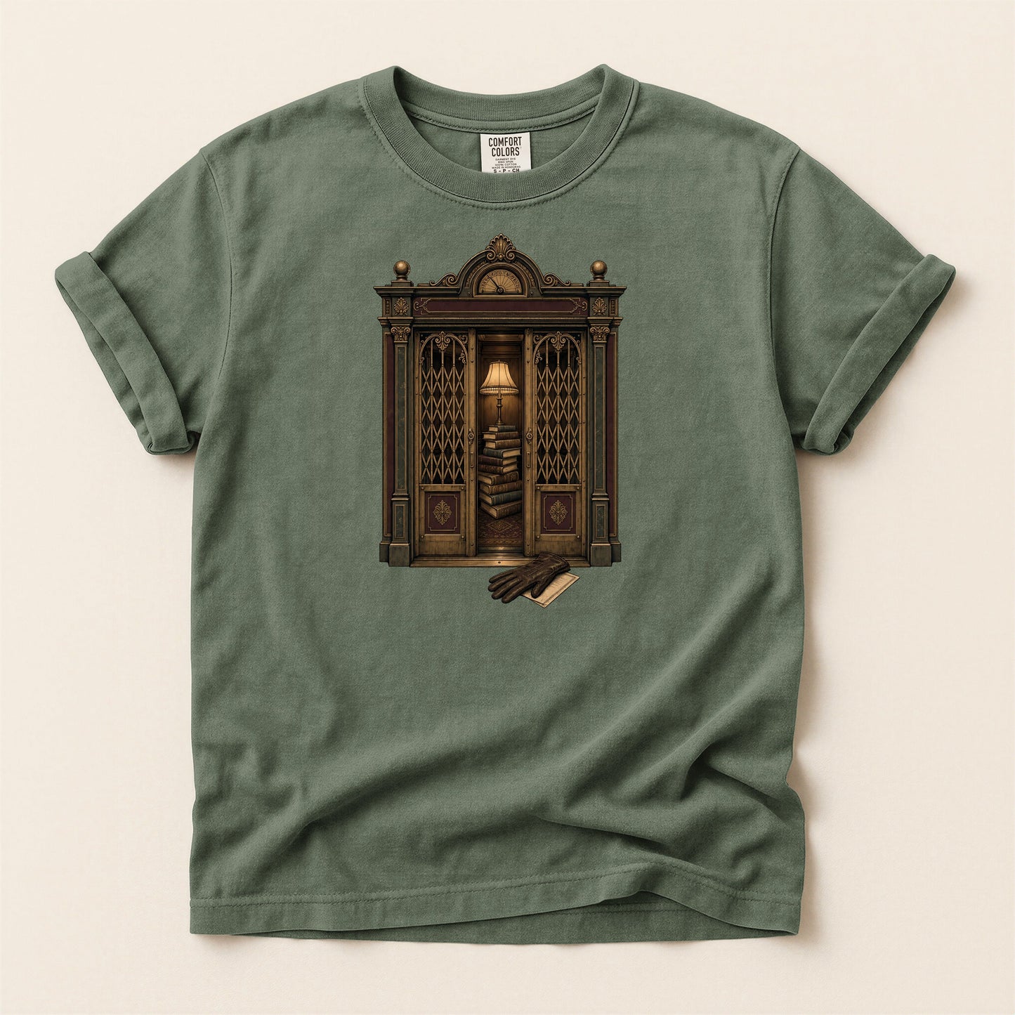 Library Alcove bookish tee in Moss, full flat