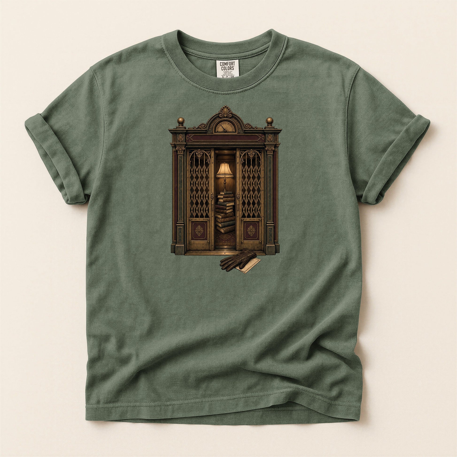 Library Alcove bookish tee in Moss, full flat