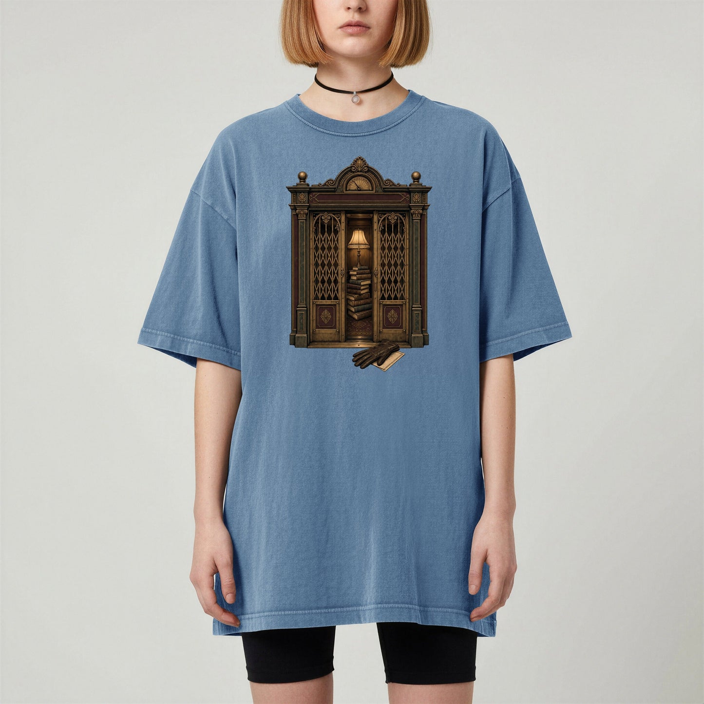Library Alcove bookish tee in Blue Jean, worn