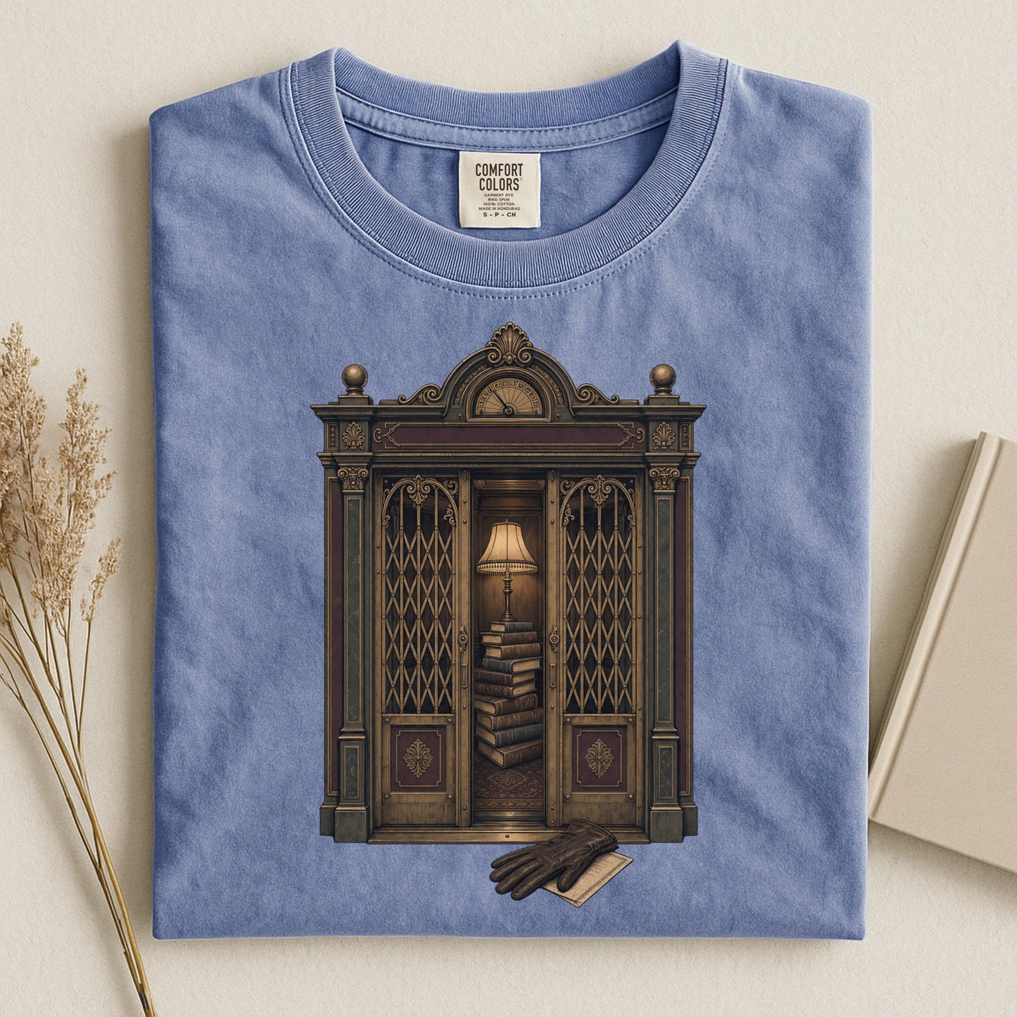 Library Alcove bookish tee in Blue Jean, flat lay