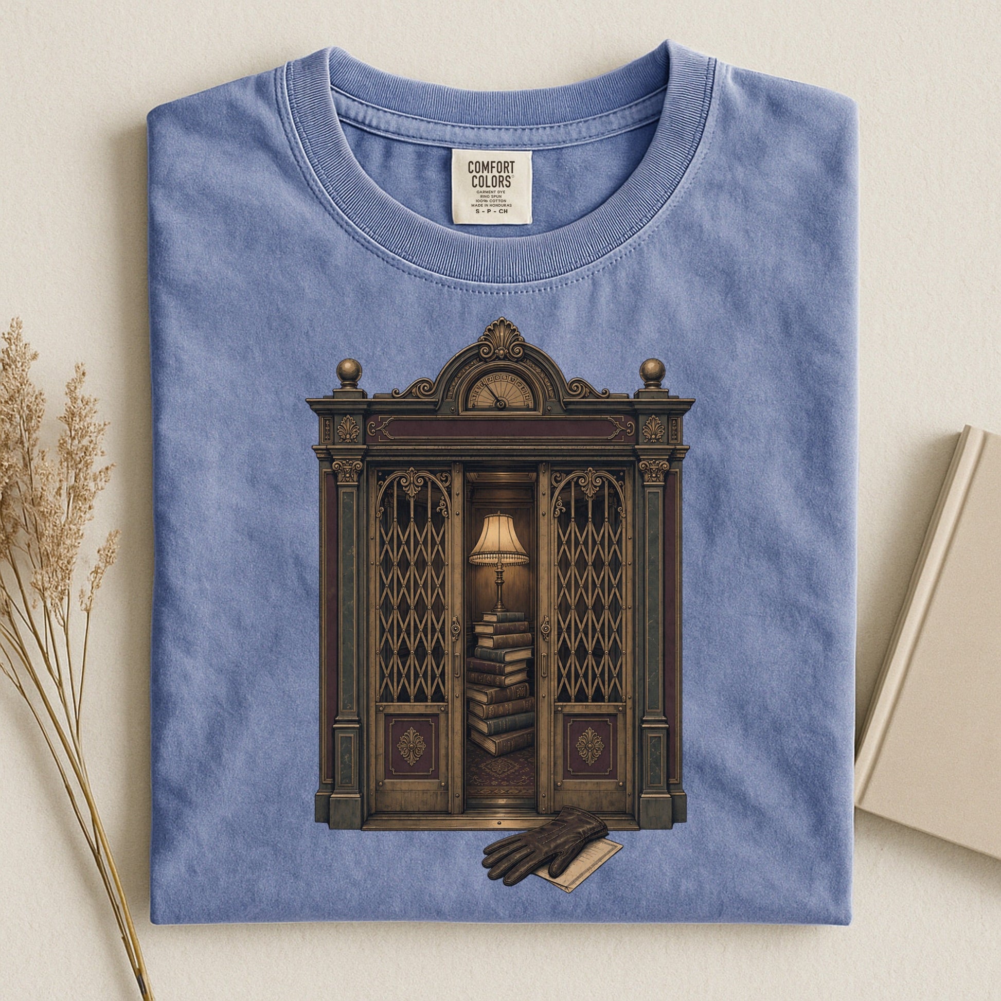 Library Alcove bookish tee in Blue Jean, flat lay
