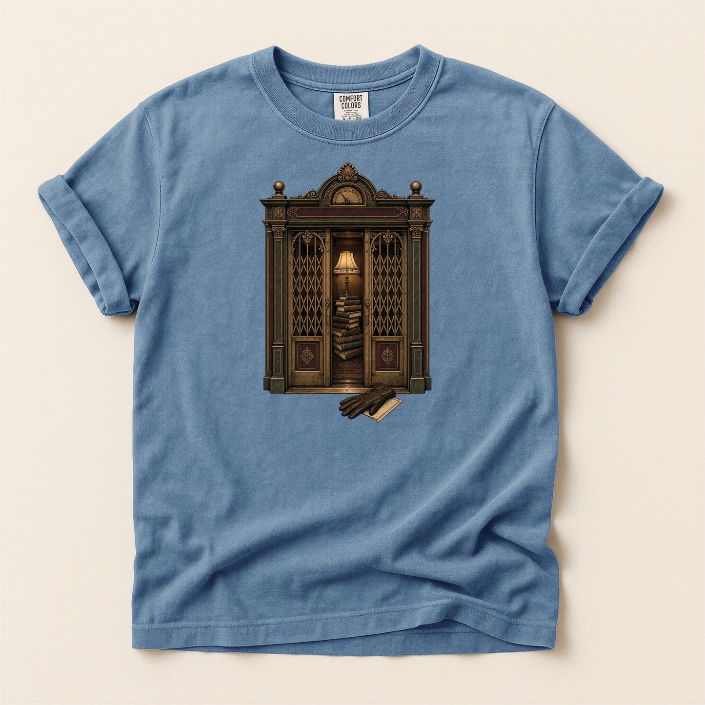 Library Alcove bookish tee in Blue Jean, full flat