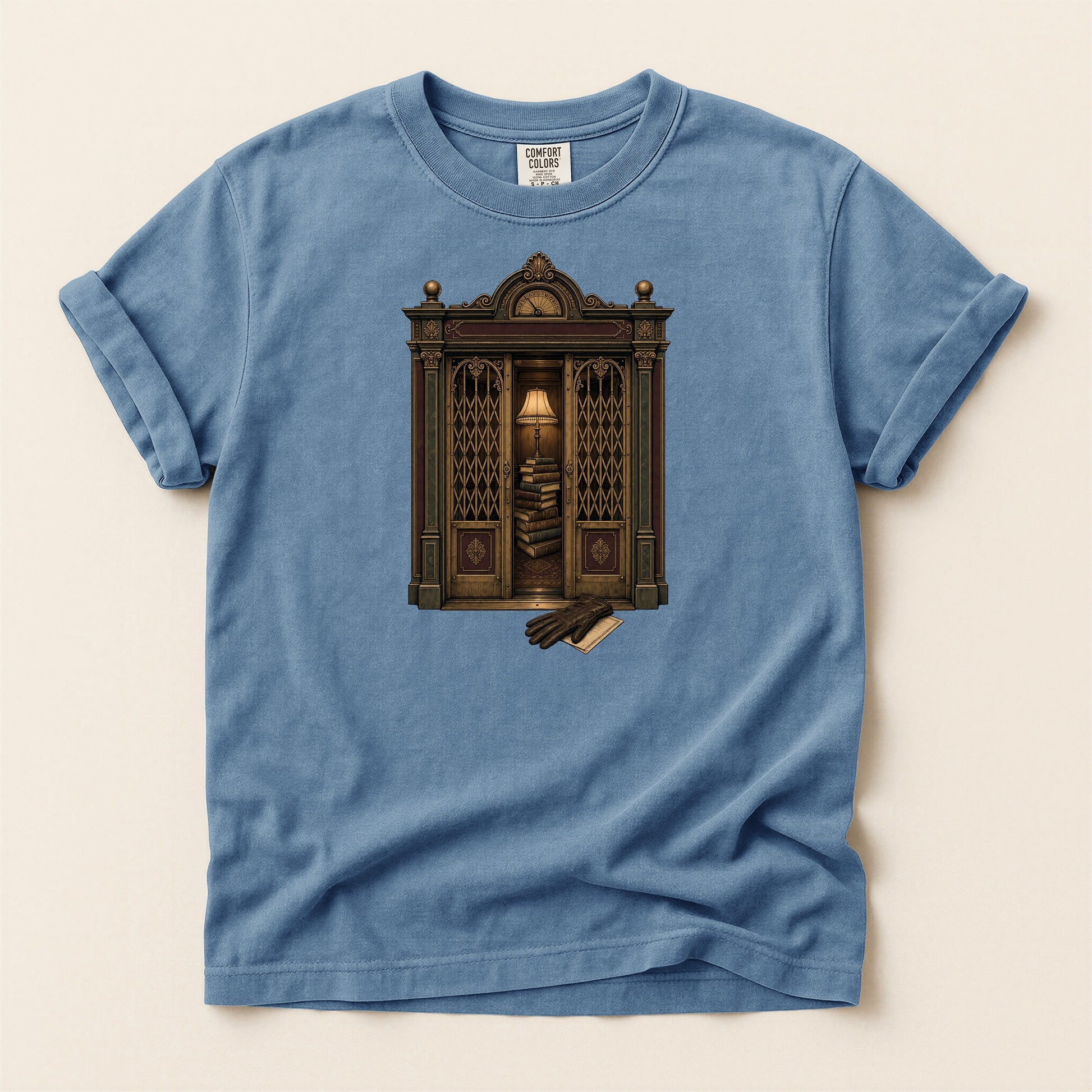 Library Alcove bookish tee in Blue Jean, full flat
