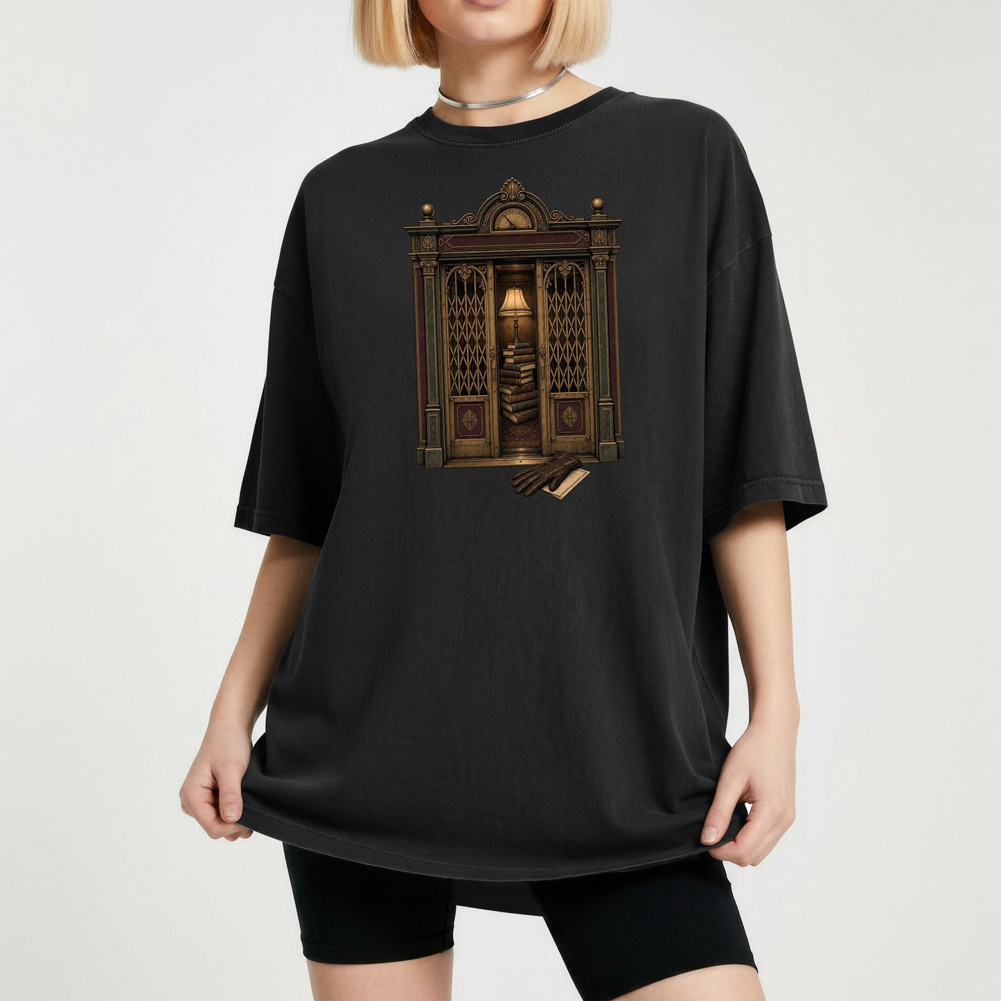 Library Alcove bookish tee in Black, worn