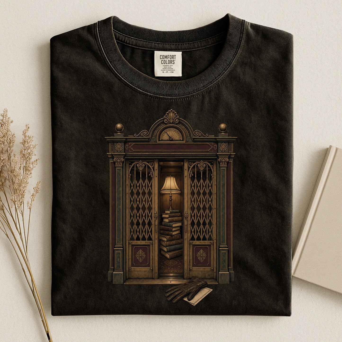 Library Alcove bookish tee in Black, flat lay