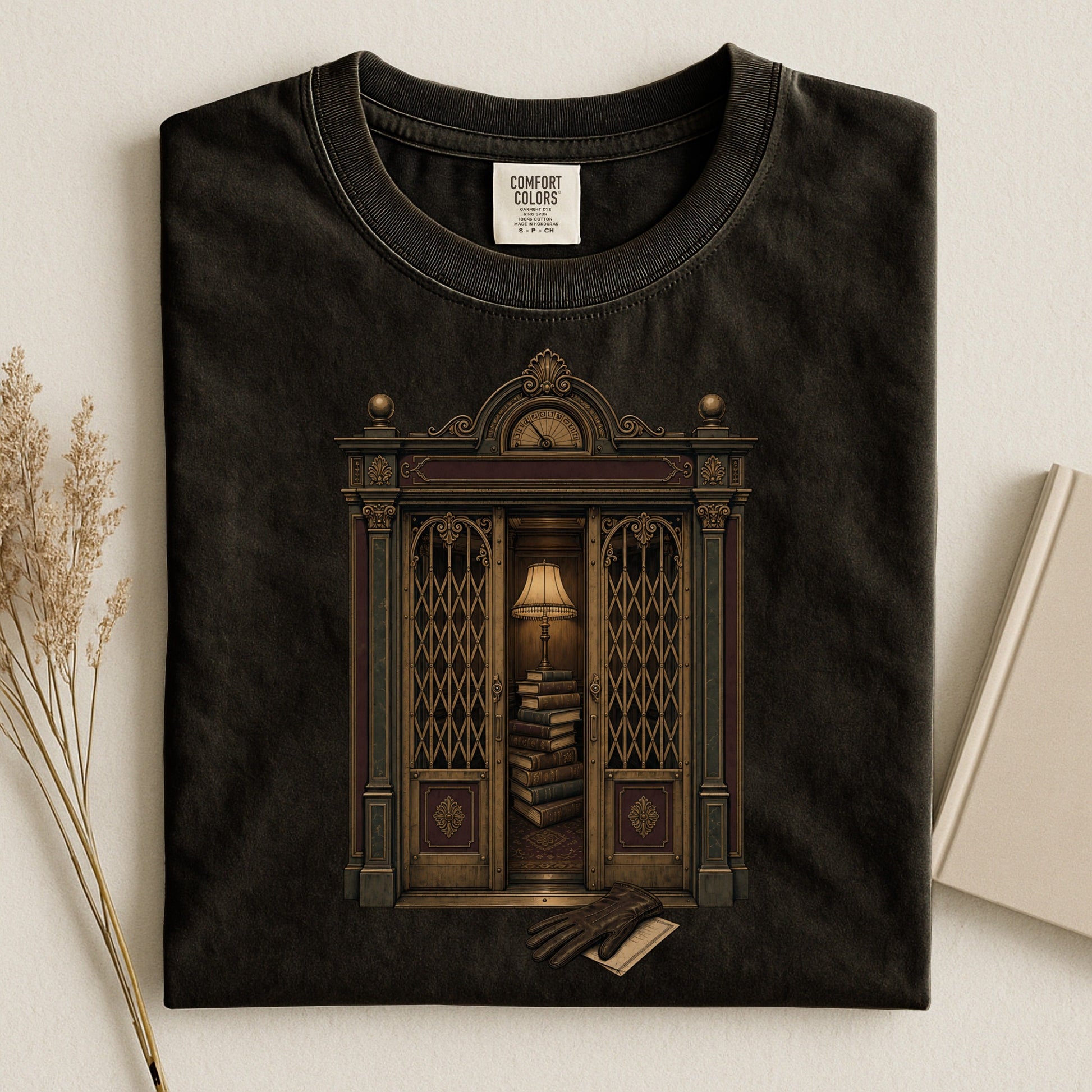 Library Alcove bookish tee in Black, flat lay