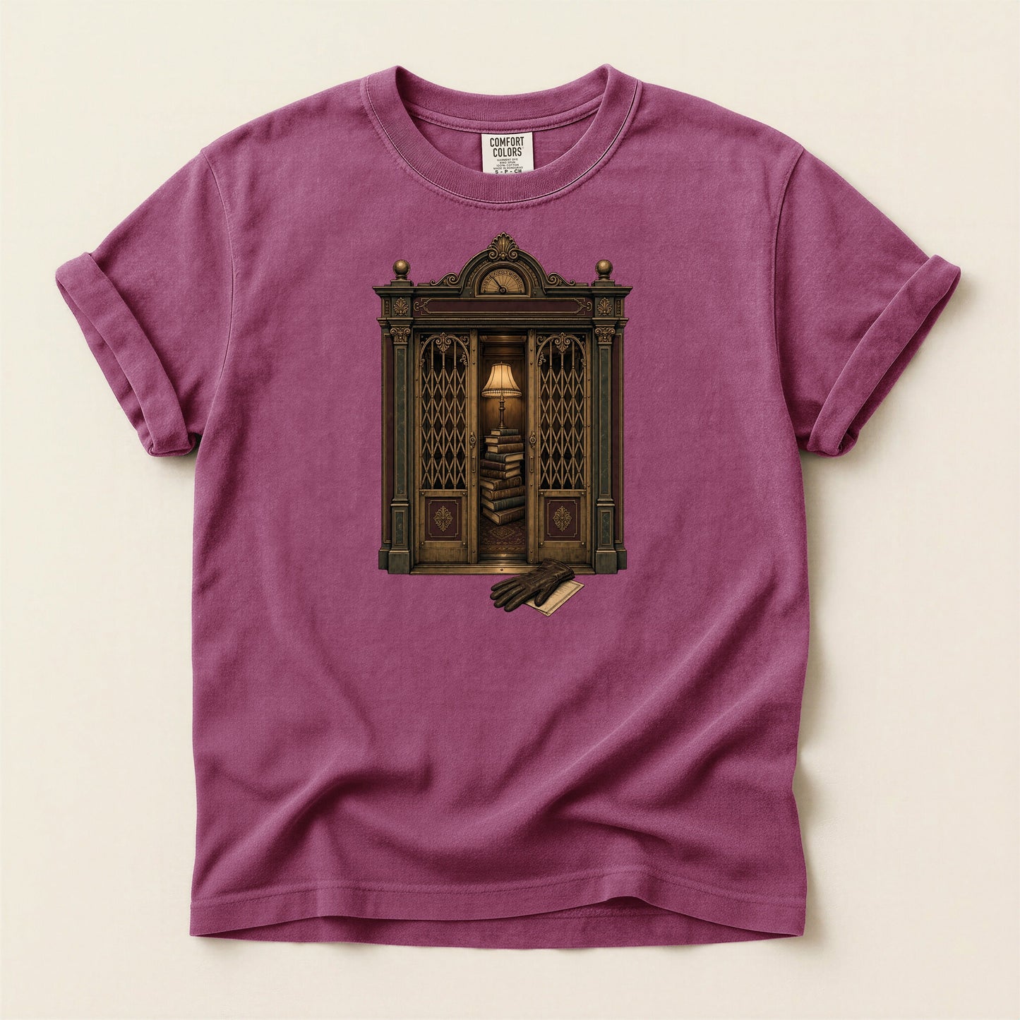 Library Alcove bookish tee in Berry, full flat