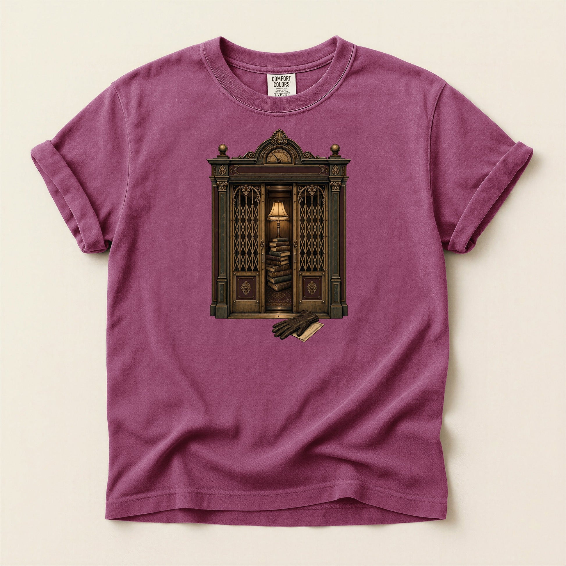 Library Alcove bookish tee in Berry, full flat