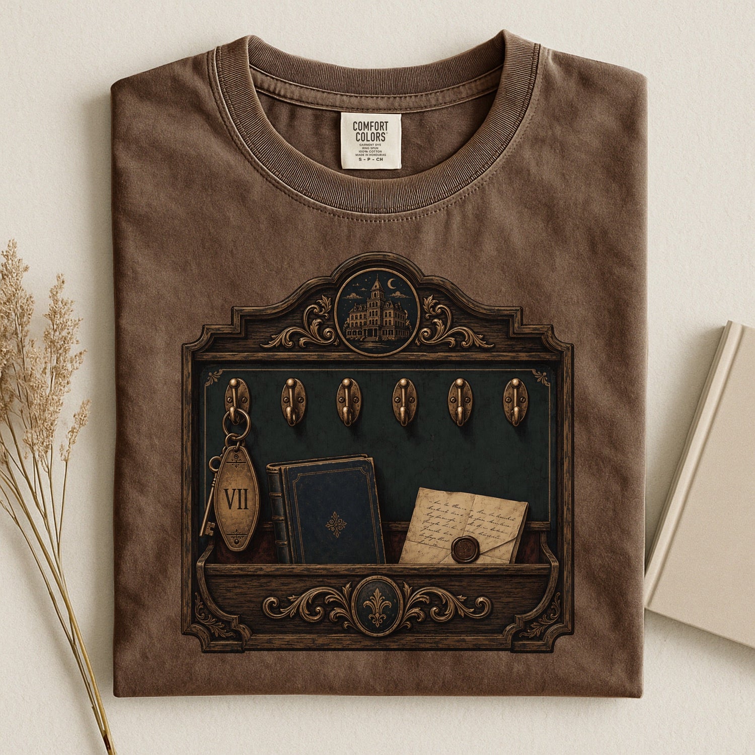Library Key Board bookish tee in Espresso, flat lay