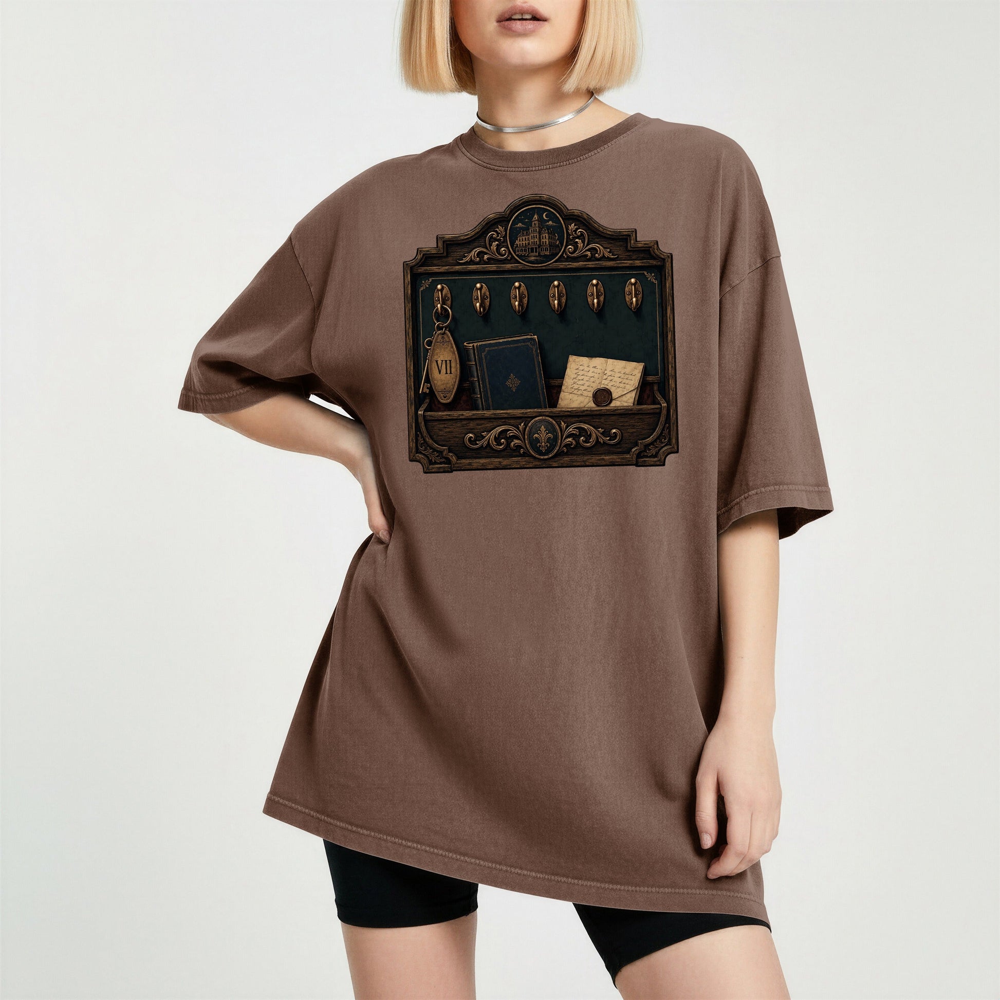 Library Key Board bookish tee in Espresso, worn