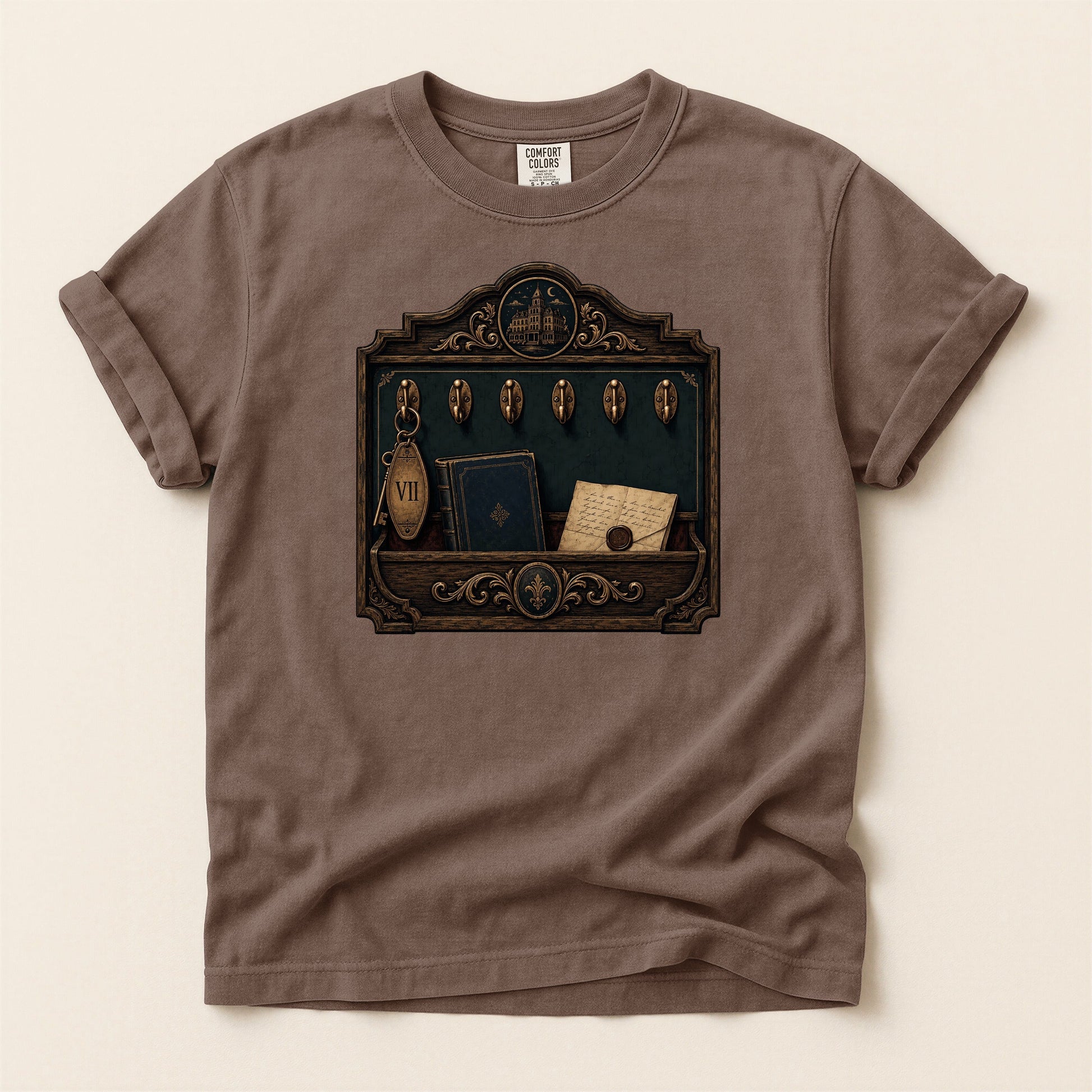 Library Key Board bookish tee in Espresso, full flat
