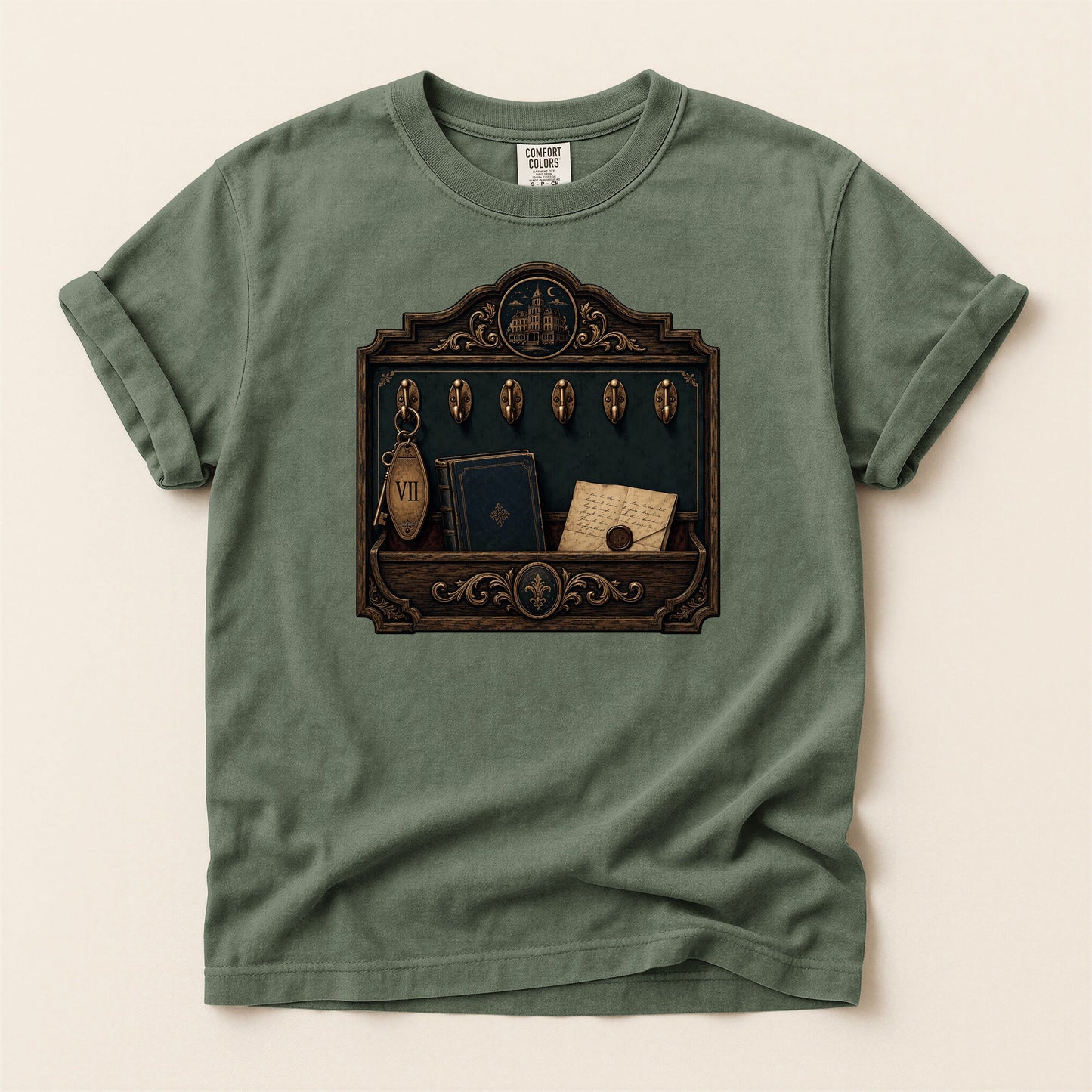 Library Key Board bookish tee in Moss, full flat
