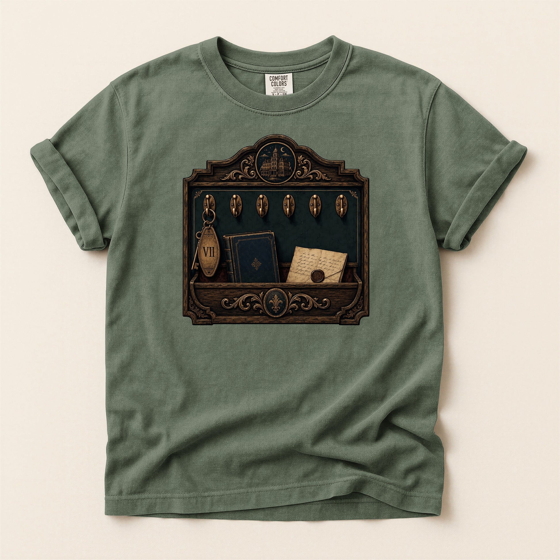 Library Key Board bookish tee in Moss, full flat