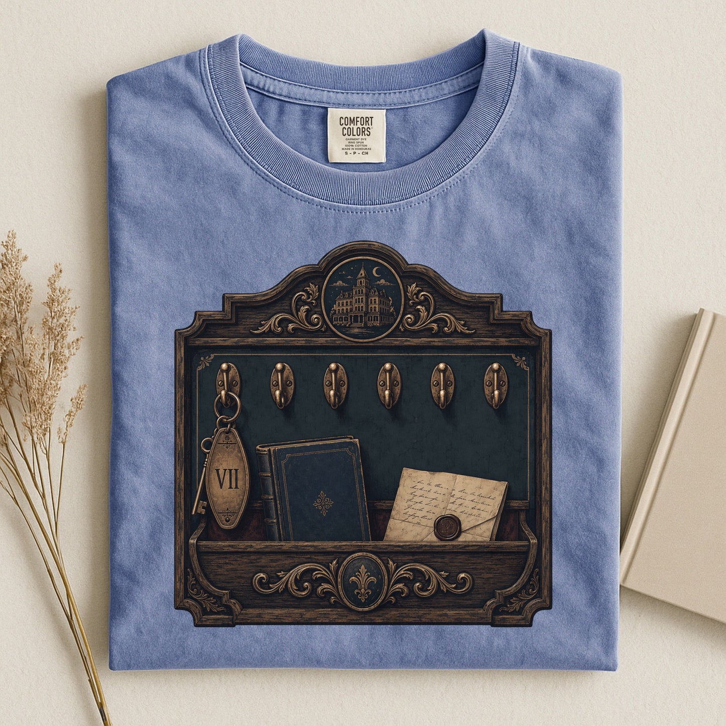 Library Key Board bookish tee in Blue Jean, flat lay