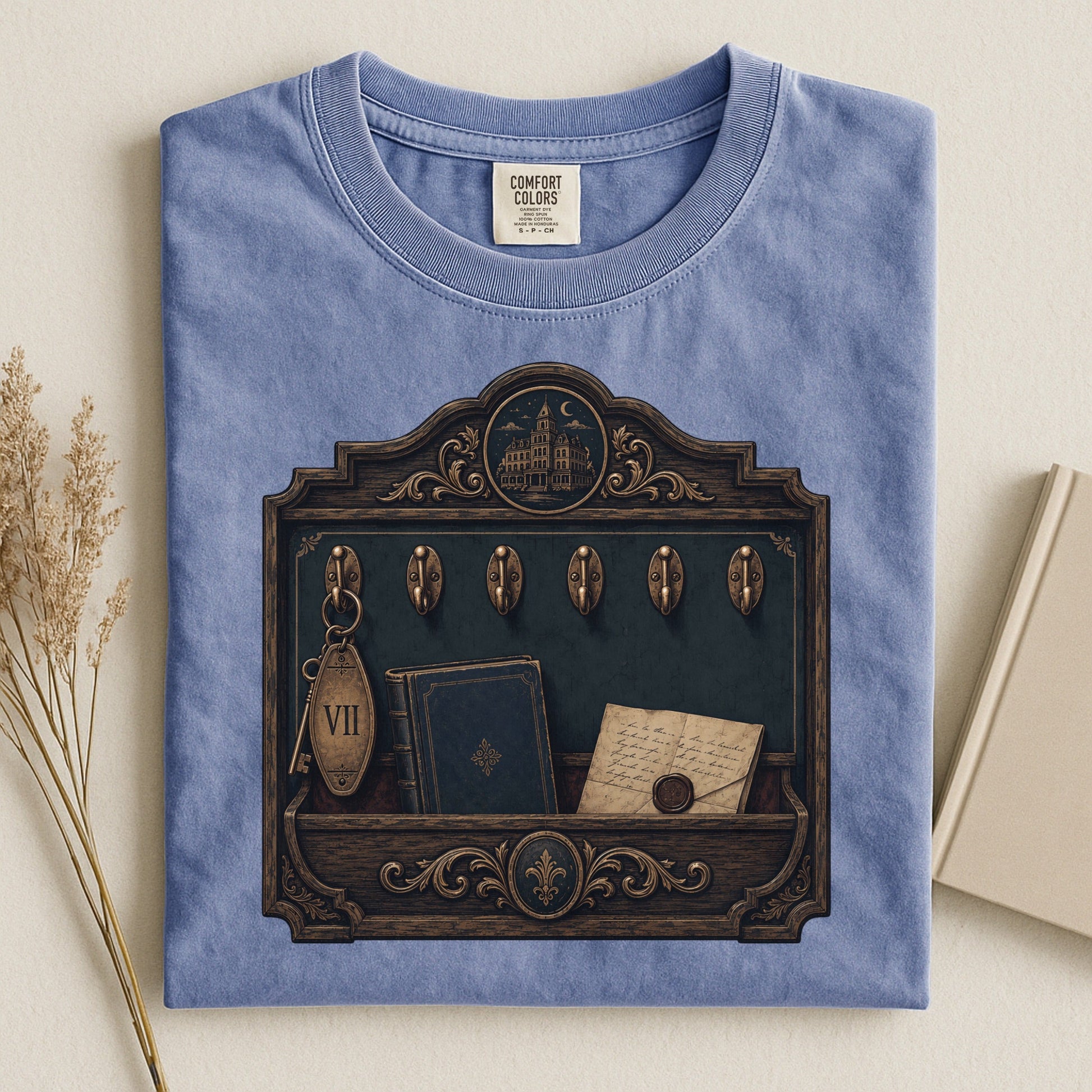 Library Key Board bookish tee in Blue Jean, flat lay