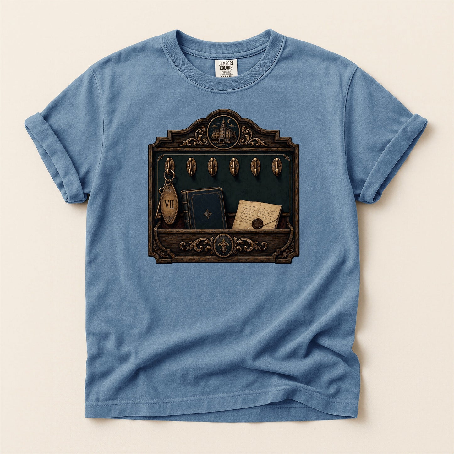 Library Key Board bookish tee in Blue Jean, full flat