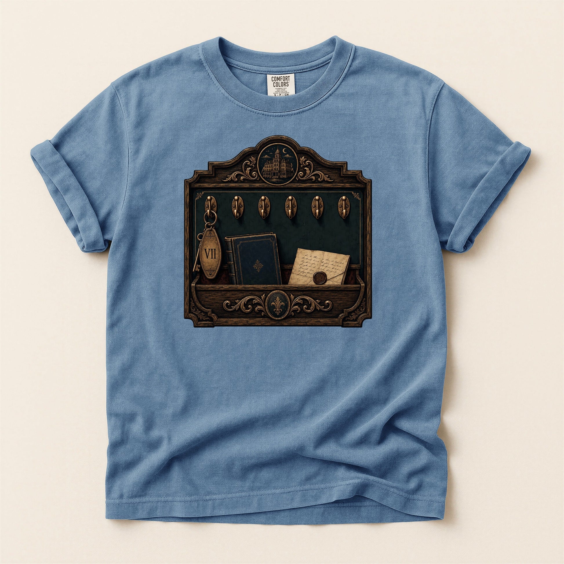 Library Key Board bookish tee in Blue Jean, full flat