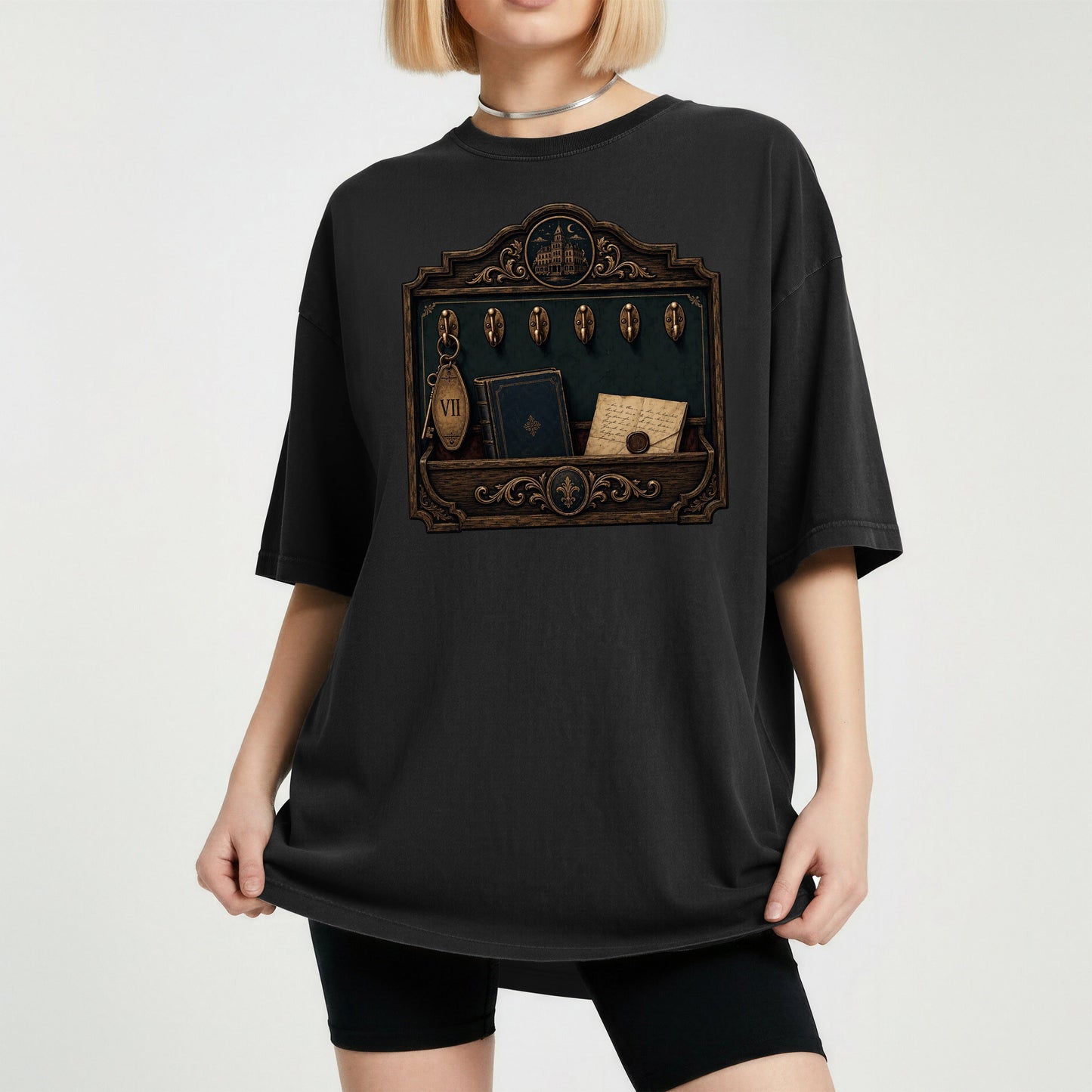 Library Key Board bookish tee in Black, worn