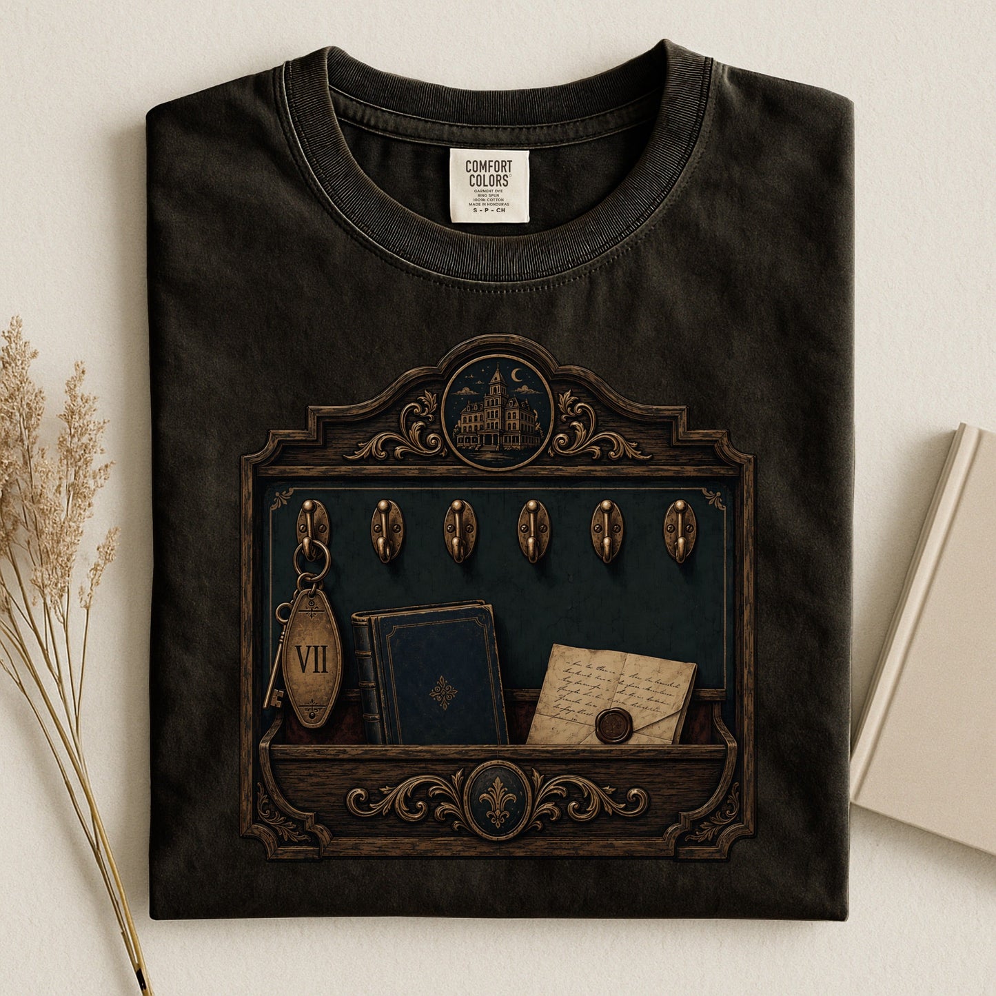 Library Key Board bookish tee in Black, flat lay