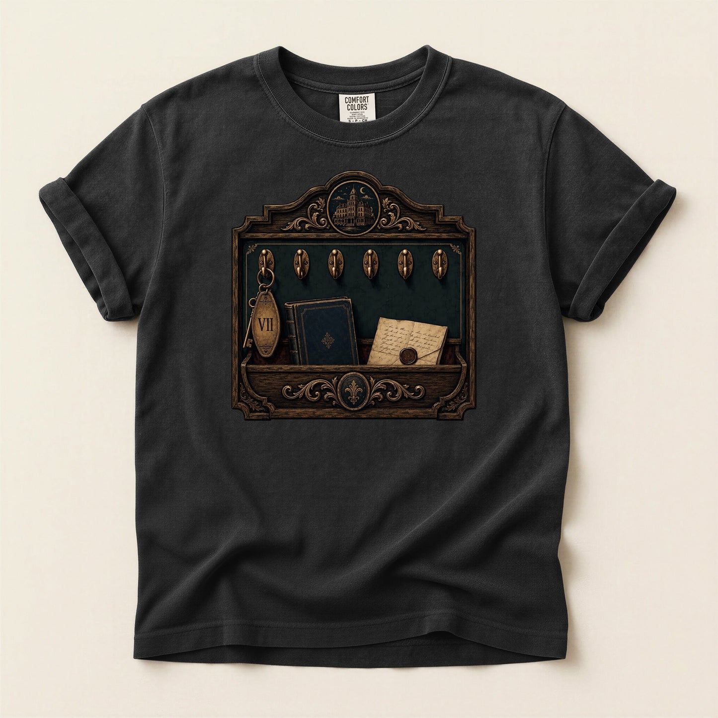 Library Key Board bookish tee in Black, full flat