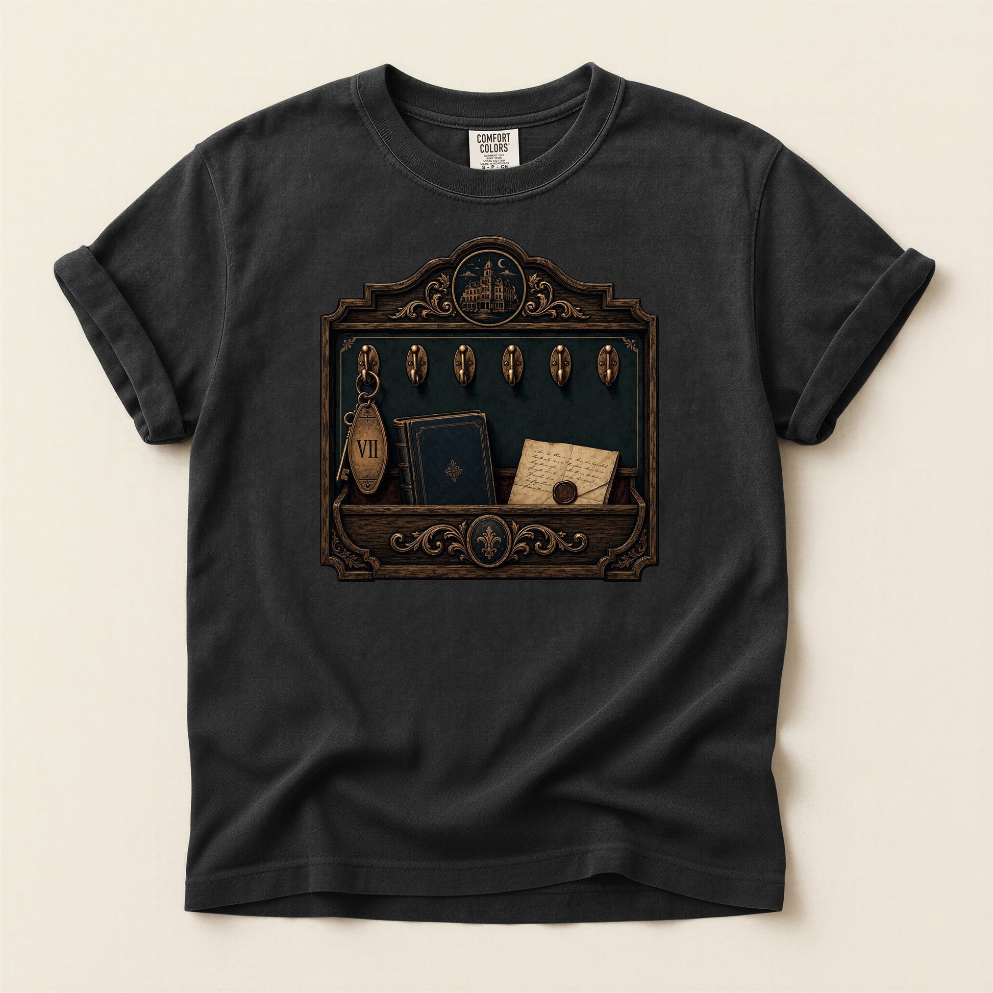 Library Key Board bookish tee in Black, full flat