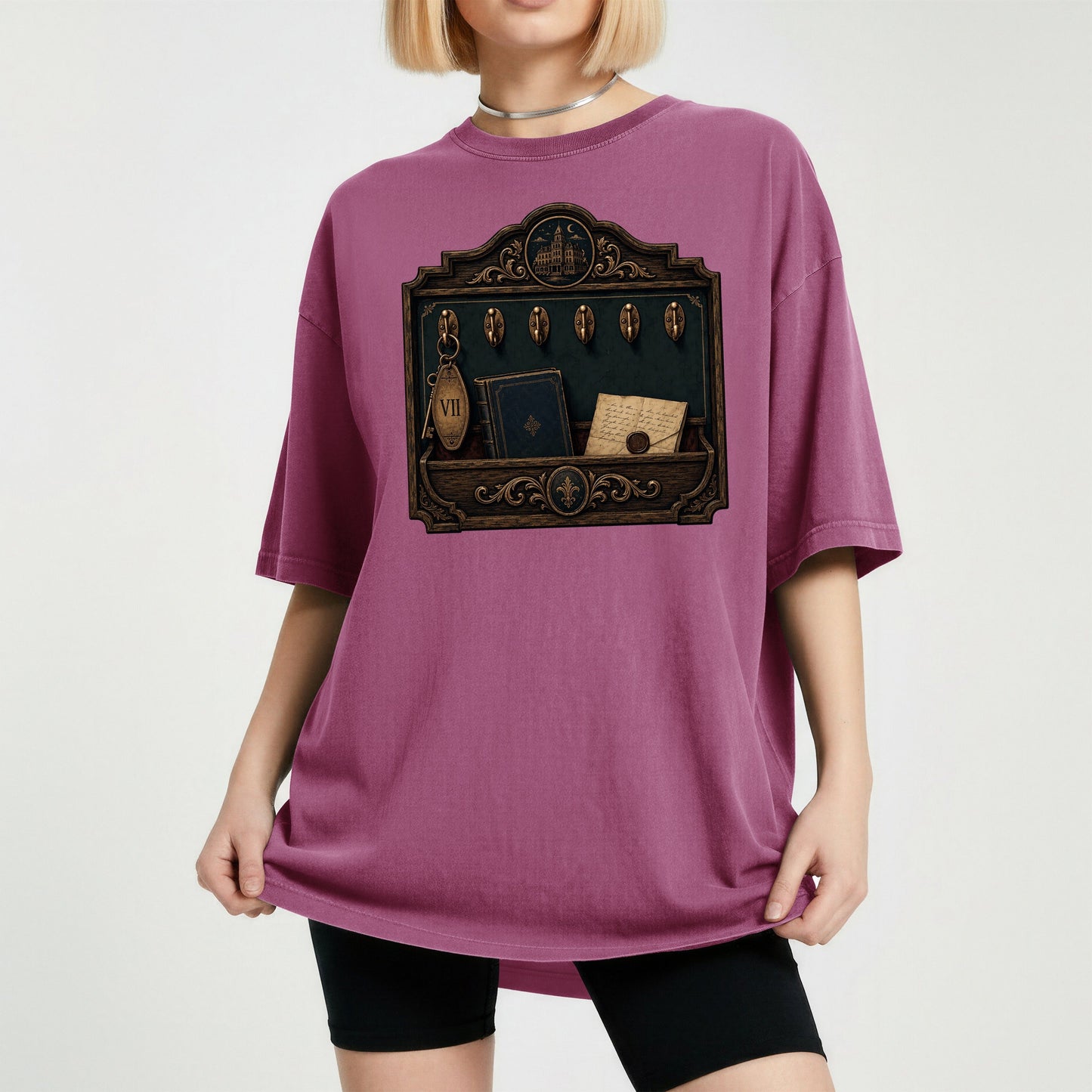 Library Key Board bookish tee in Berry, worn