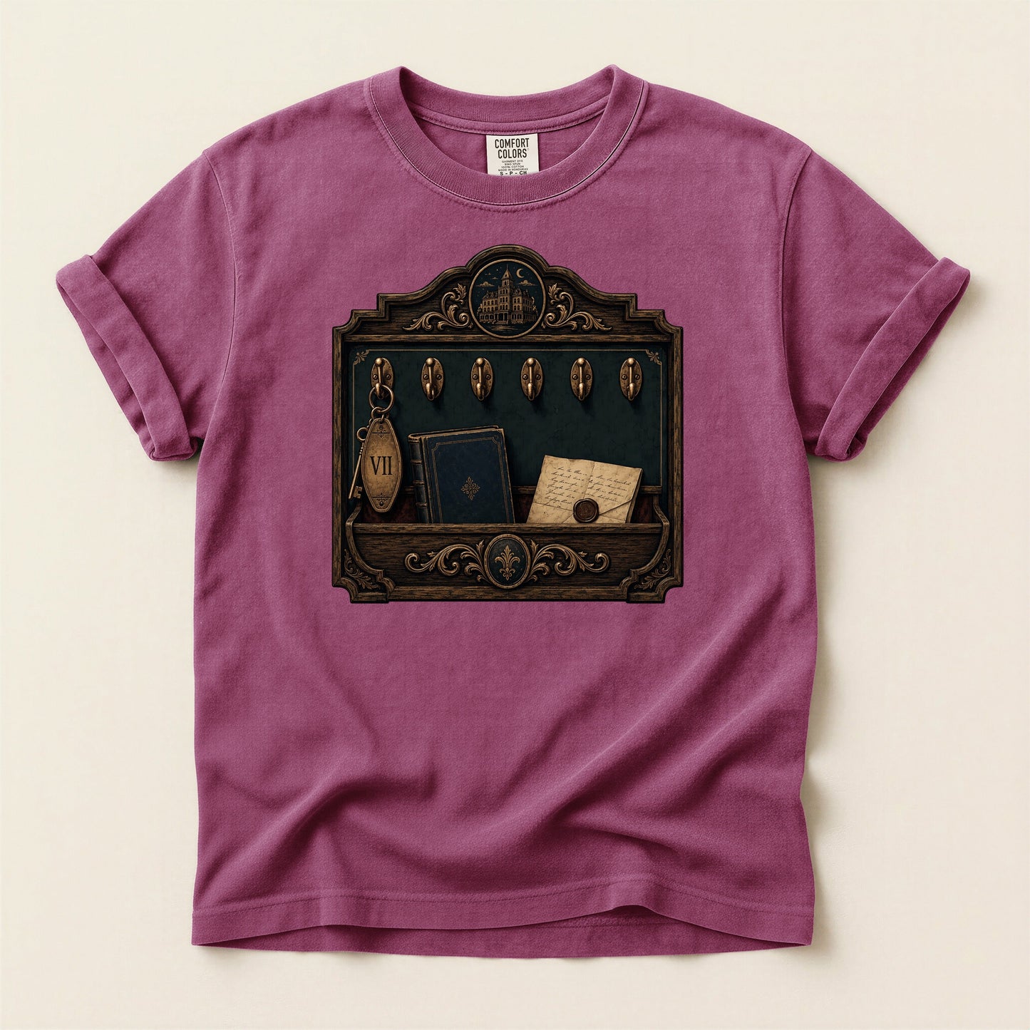 Library Key Board bookish tee in Berry, full flat