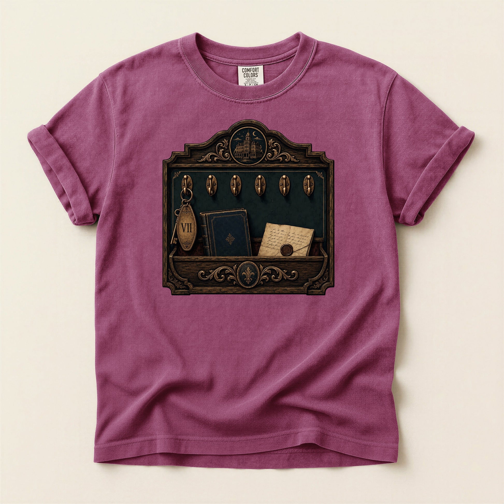 Library Key Board bookish tee in Berry, full flat