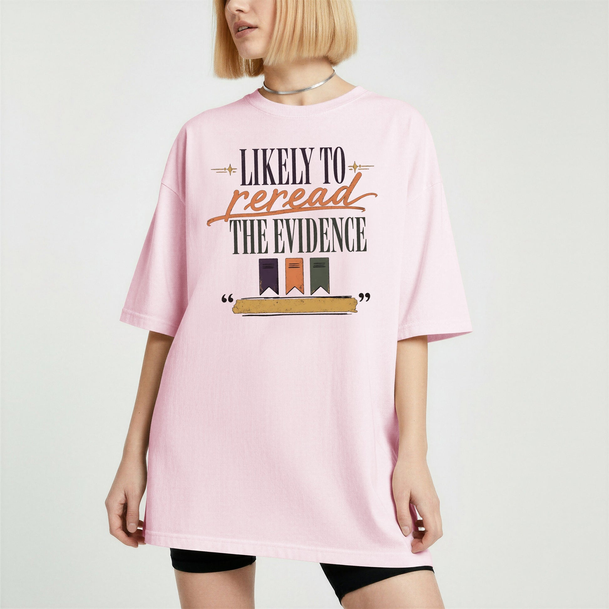 Likely to Reread the Evidence bookish tee in Blossom, worn