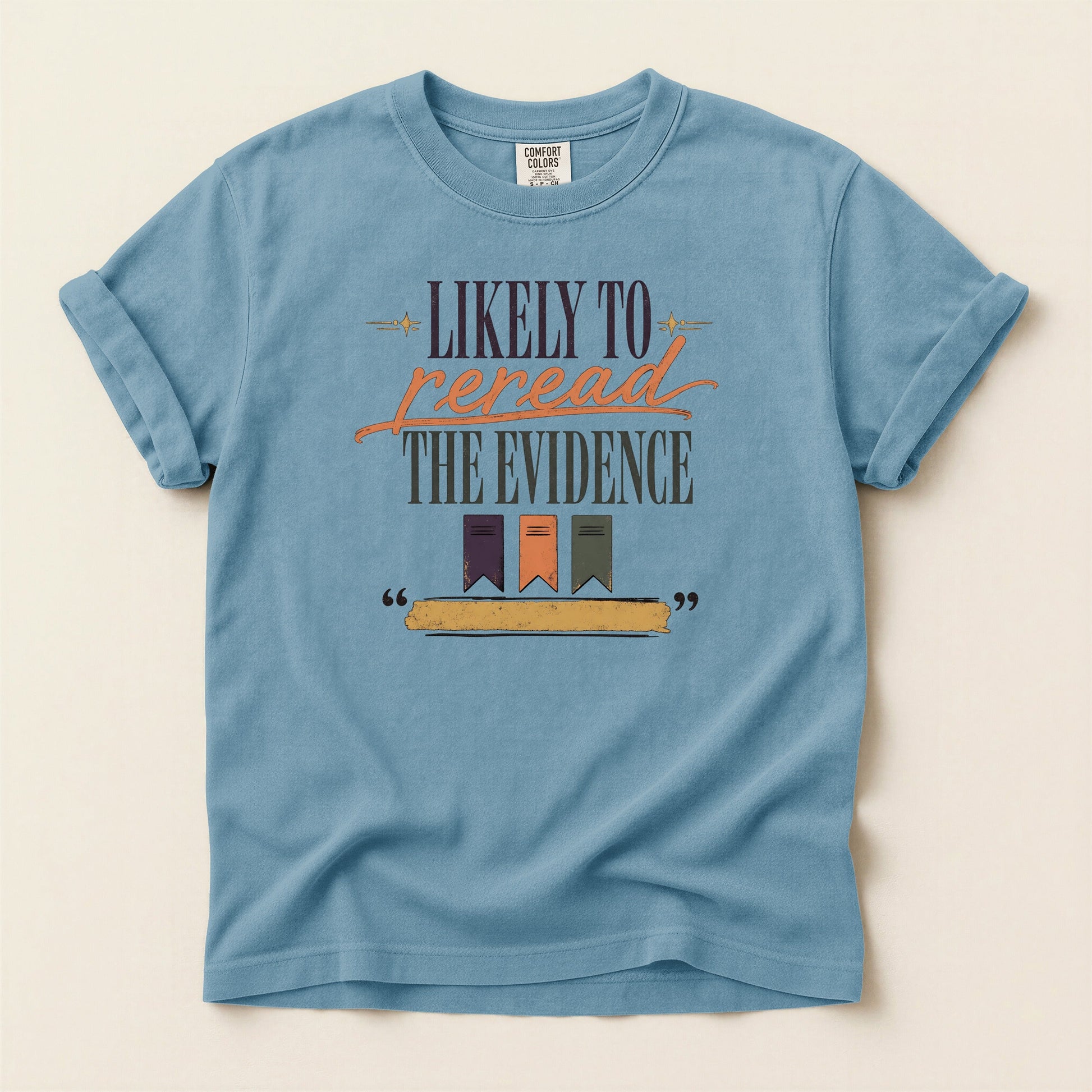 Likely to Reread the Evidence bookish tee in Ice Blue, full flat
