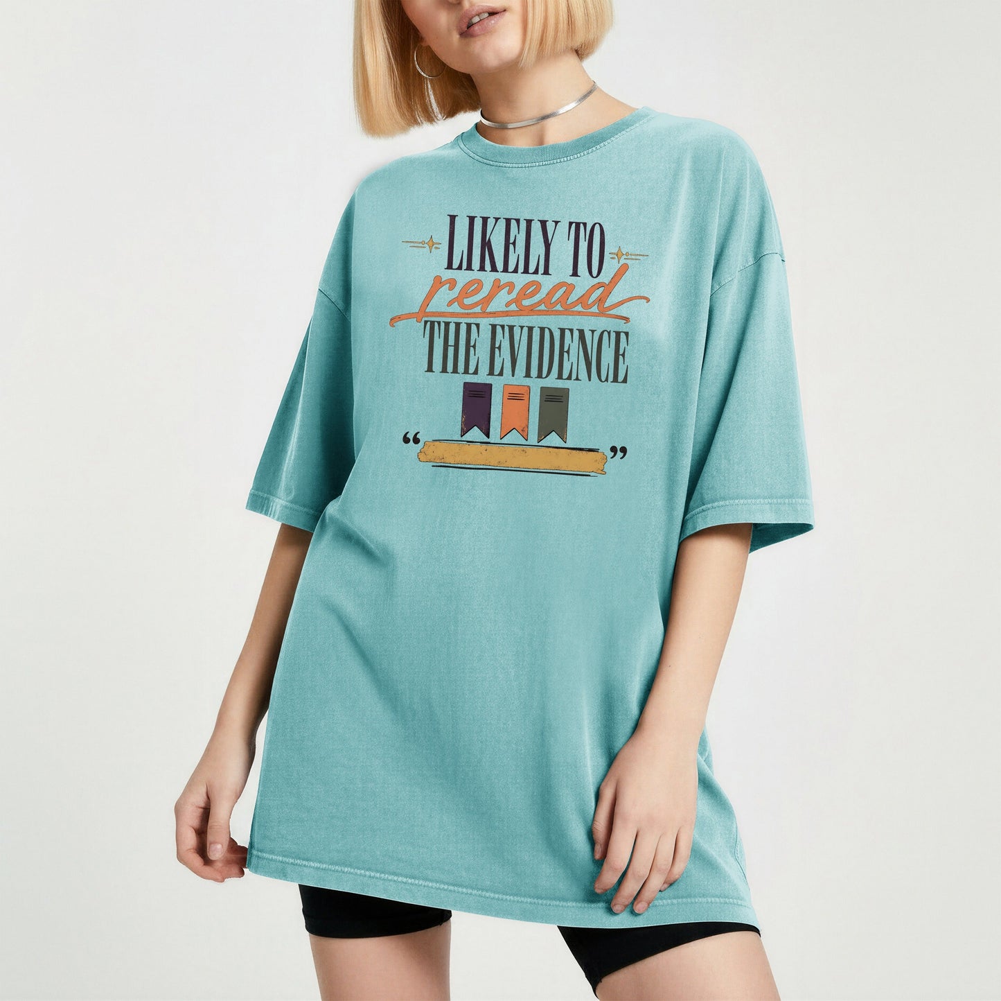 Likely to Reread the Evidence bookish tee in Seafoam, worn
